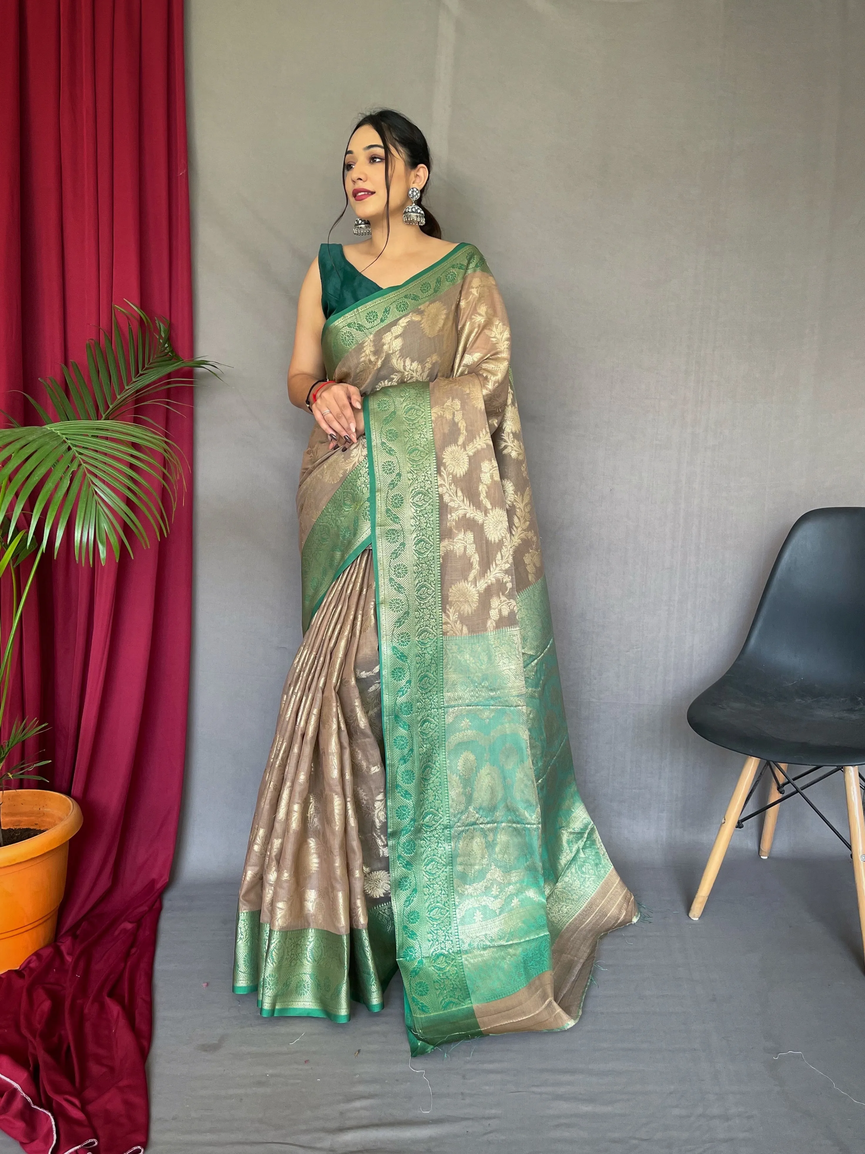 Brown with Green Saree in Linen