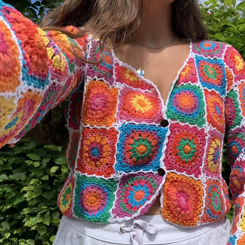 Button Down Floral Crochet Knit Cardigan - Multicolor