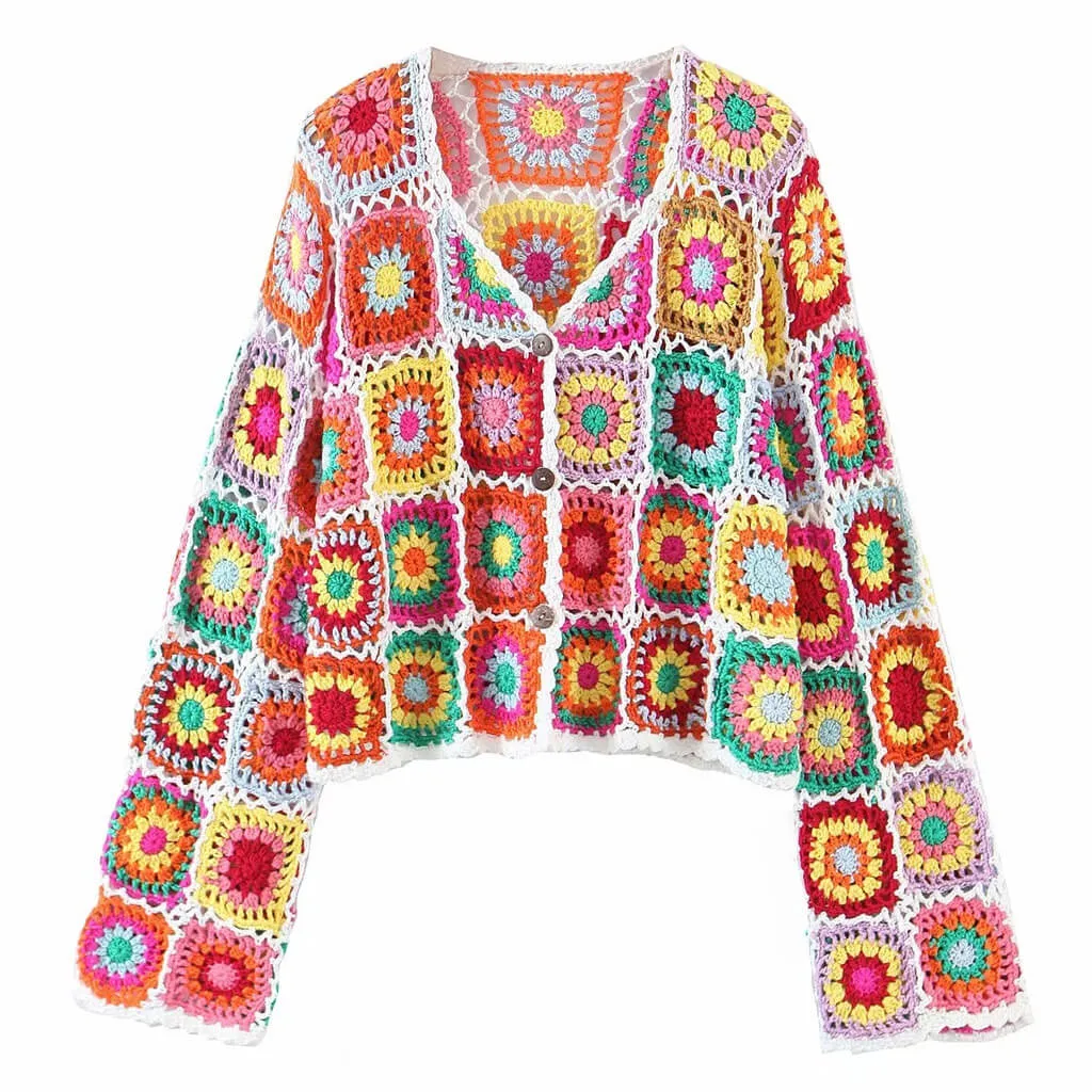 Button Down Floral Crochet Knit Cardigan - Multicolor