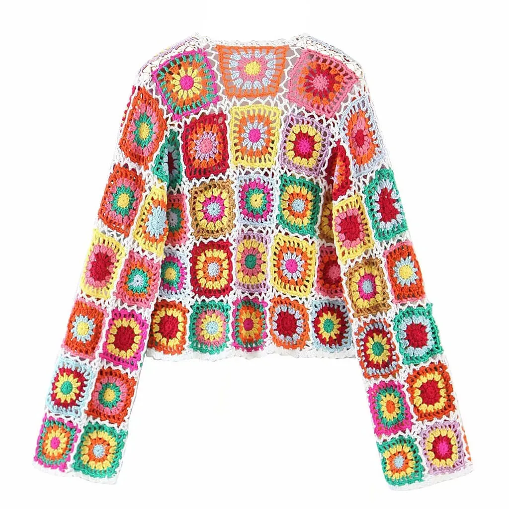 Button Down Floral Crochet Knit Cardigan - Multicolor