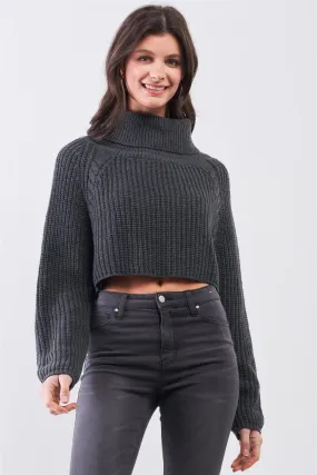 Charcoal Knit Turtleneck Balloon Sleeve Cropped Sweater