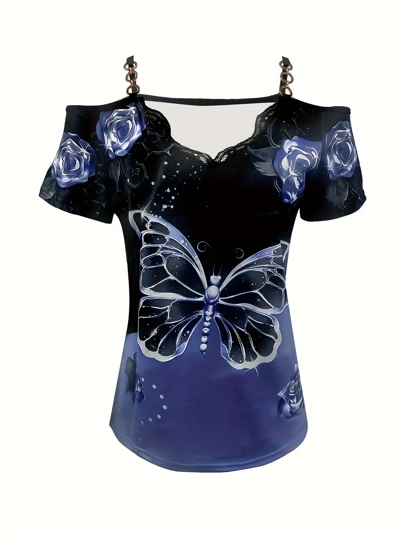 Charming Butterfly Print T-Shirt with Lace Trim & Chain Strap - Sexy Short Sleeve for Spring & Summer - Fashionable Womens Clothing for Warm Weather