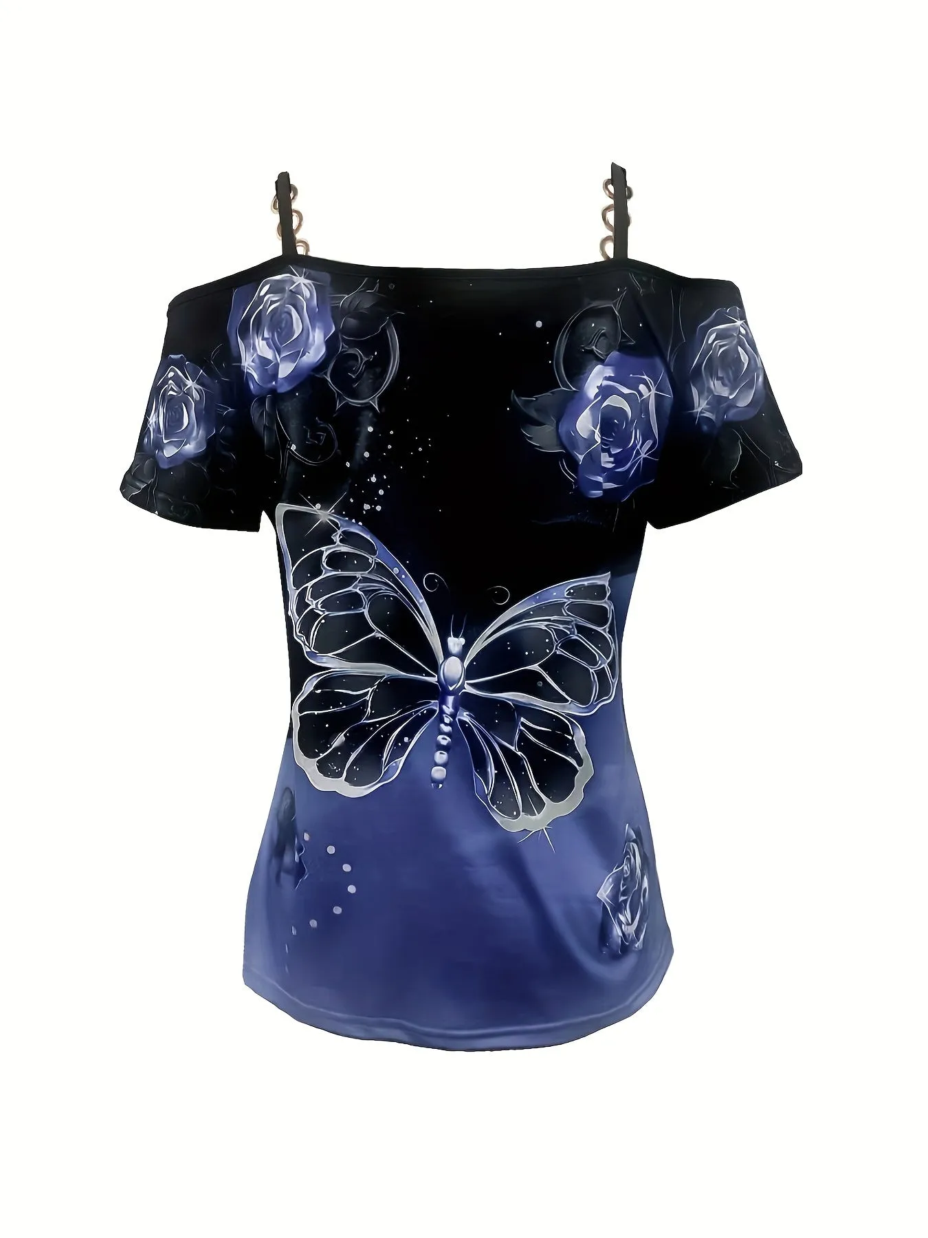 Charming Butterfly Print T-Shirt with Lace Trim & Chain Strap - Sexy Short Sleeve for Spring & Summer - Fashionable Womens Clothing for Warm Weather