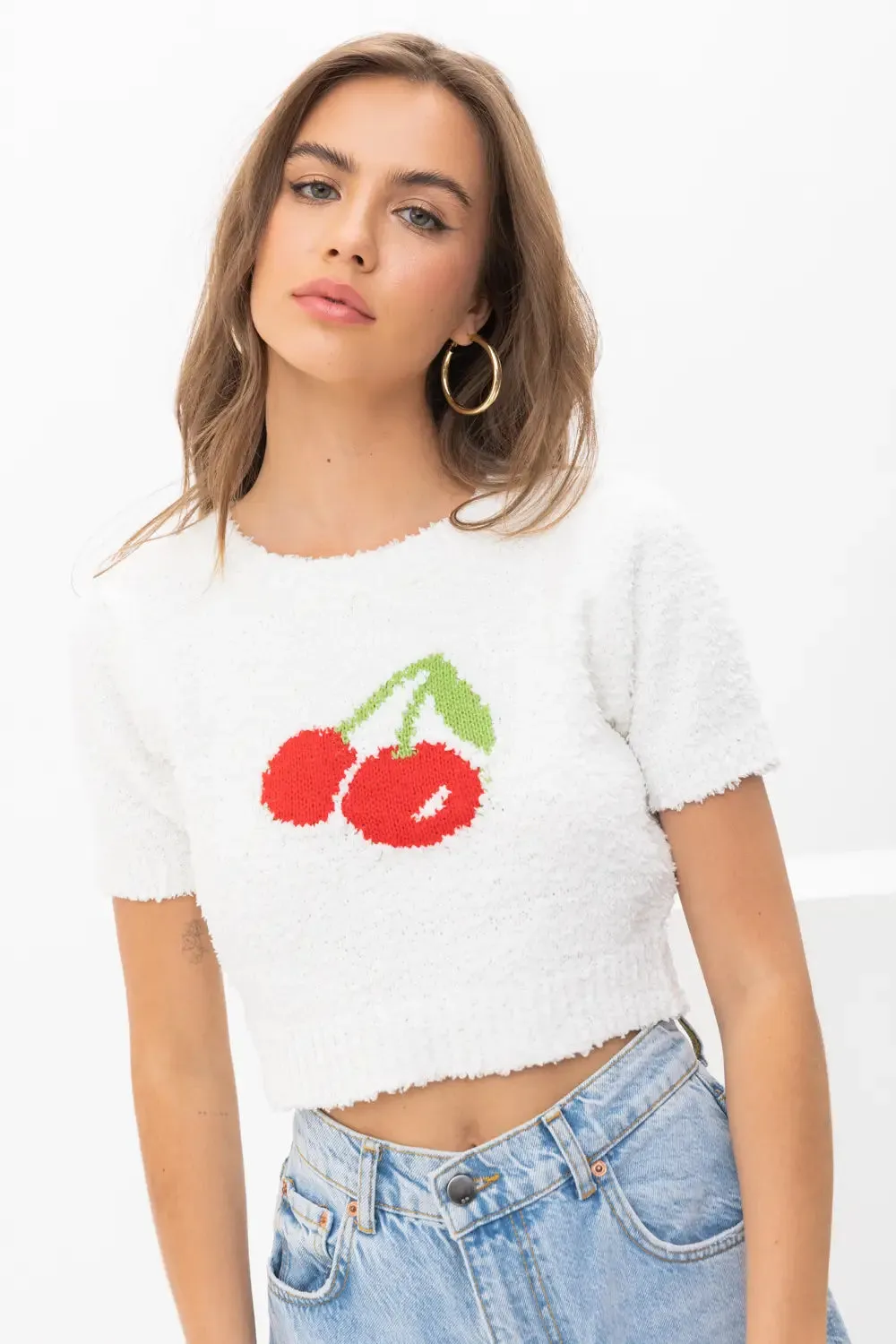 Cherry Knit Sweater Crop Top