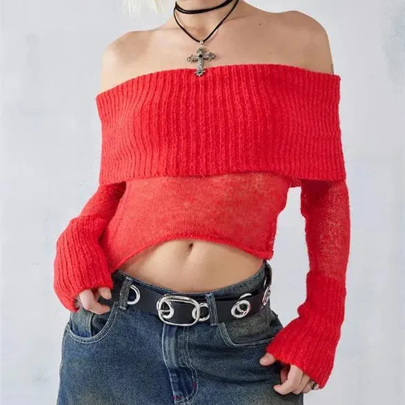 ChicMy Women Sexy Off Shoulder Tops Y2k Slim Fit Long Sleeve Shirt Vintage Ribbed Knit Crop Tee Solid Sweater Streetwear