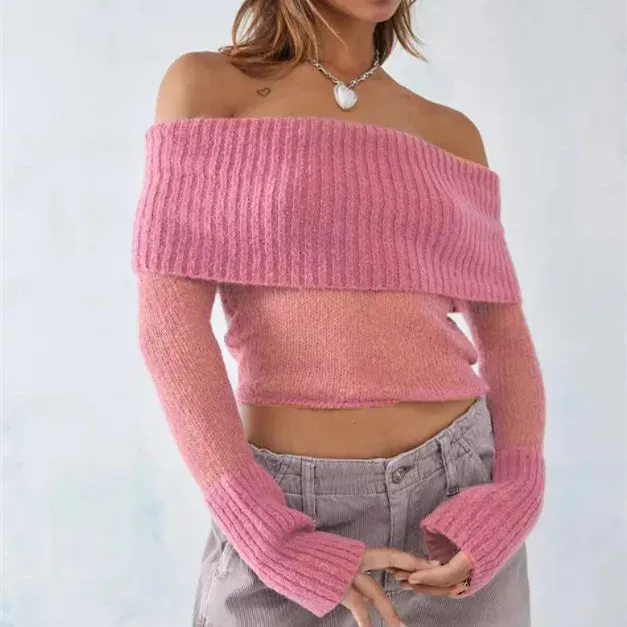 ChicMy Women Sexy Off Shoulder Tops Y2k Slim Fit Long Sleeve Shirt Vintage Ribbed Knit Crop Tee Solid Sweater Streetwear