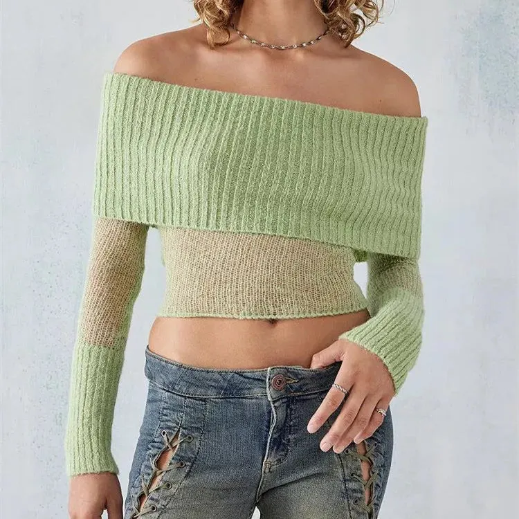 ChicMy Women Sexy Off Shoulder Tops Y2k Slim Fit Long Sleeve Shirt Vintage Ribbed Knit Crop Tee Solid Sweater Streetwear