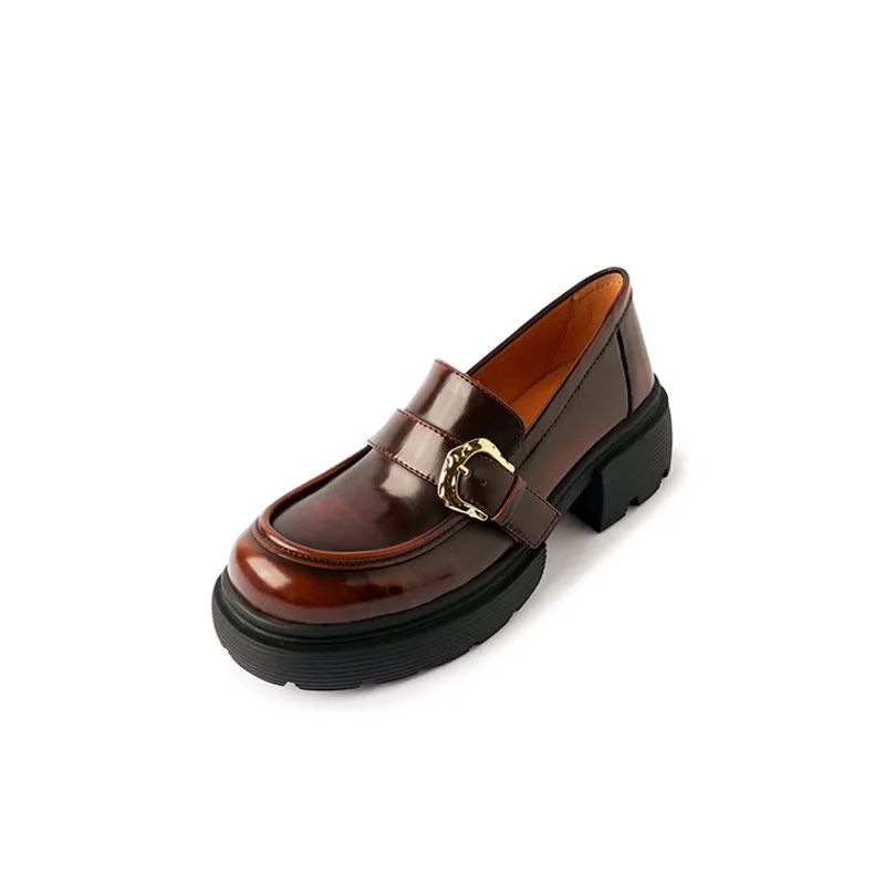 Chunky Loafers for Women Leather Platforms with Round Toe Metal Button in Brown/Black