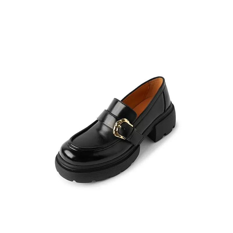 Chunky Loafers for Women Leather Platforms with Round Toe Metal Button in Brown/Black