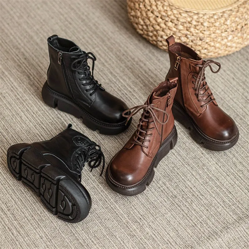 Chunky Lug Sole Combat Boots Designer Platform Boots Lace up Boots Side Zip Brown/Black