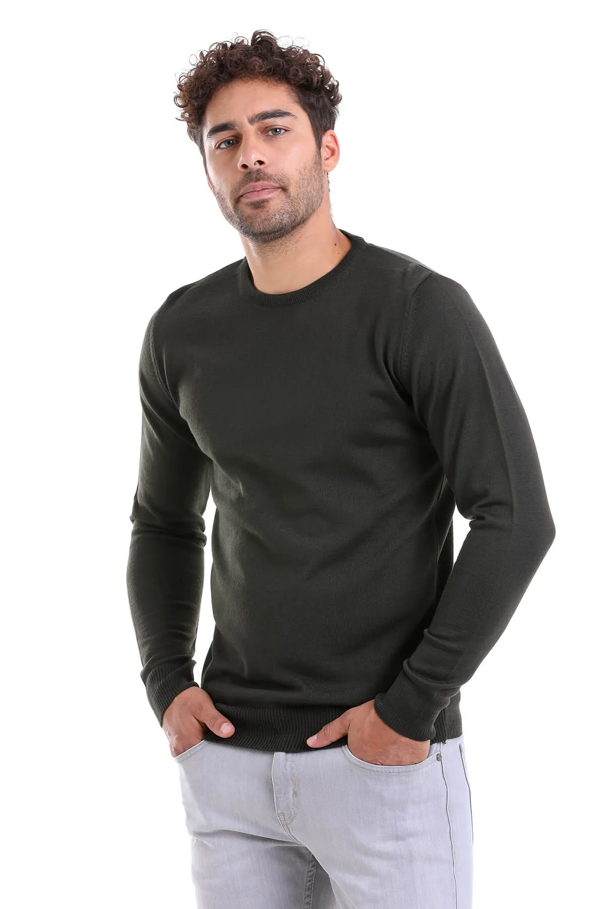 Comfort Fit Wool Blend Khaki Crewneck Sweater