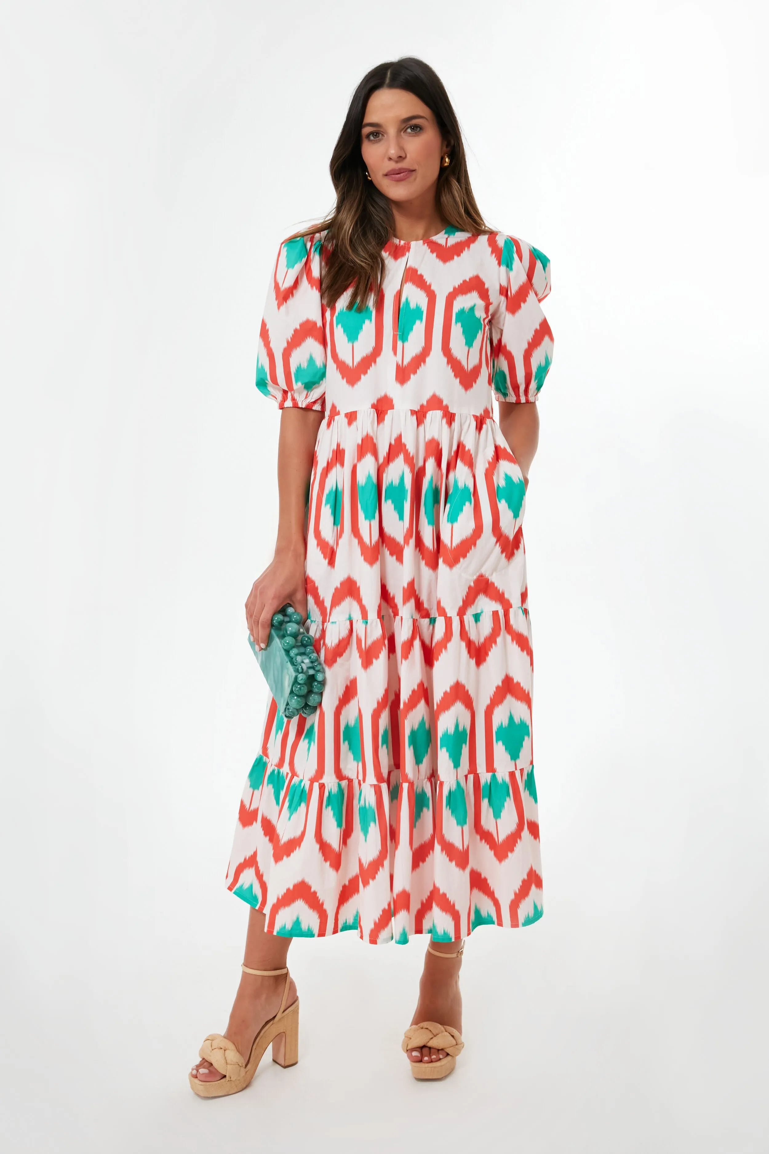 Coral Odisha Puff Sleeve Maxi Dress