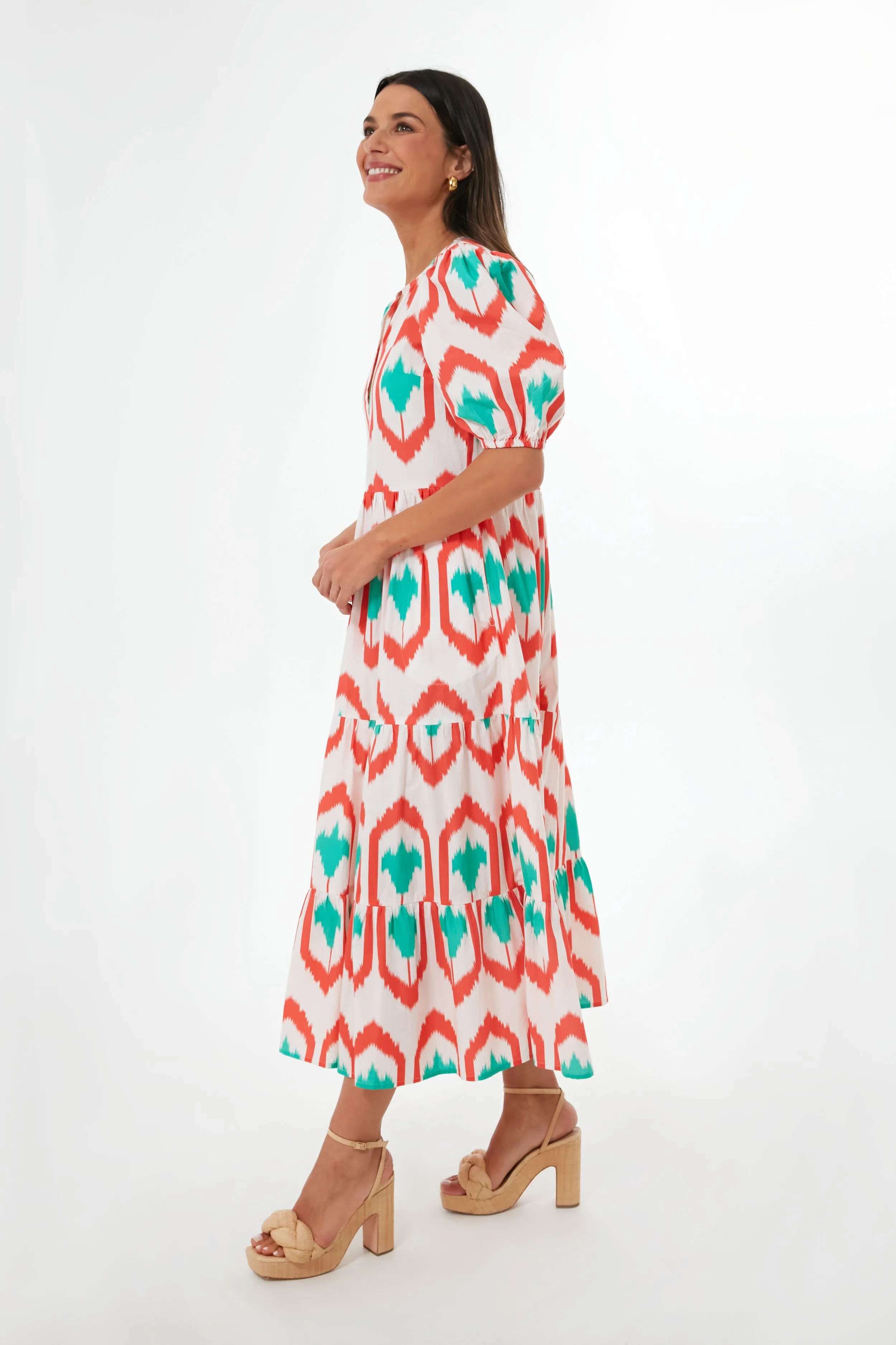 Coral Odisha Puff Sleeve Maxi Dress