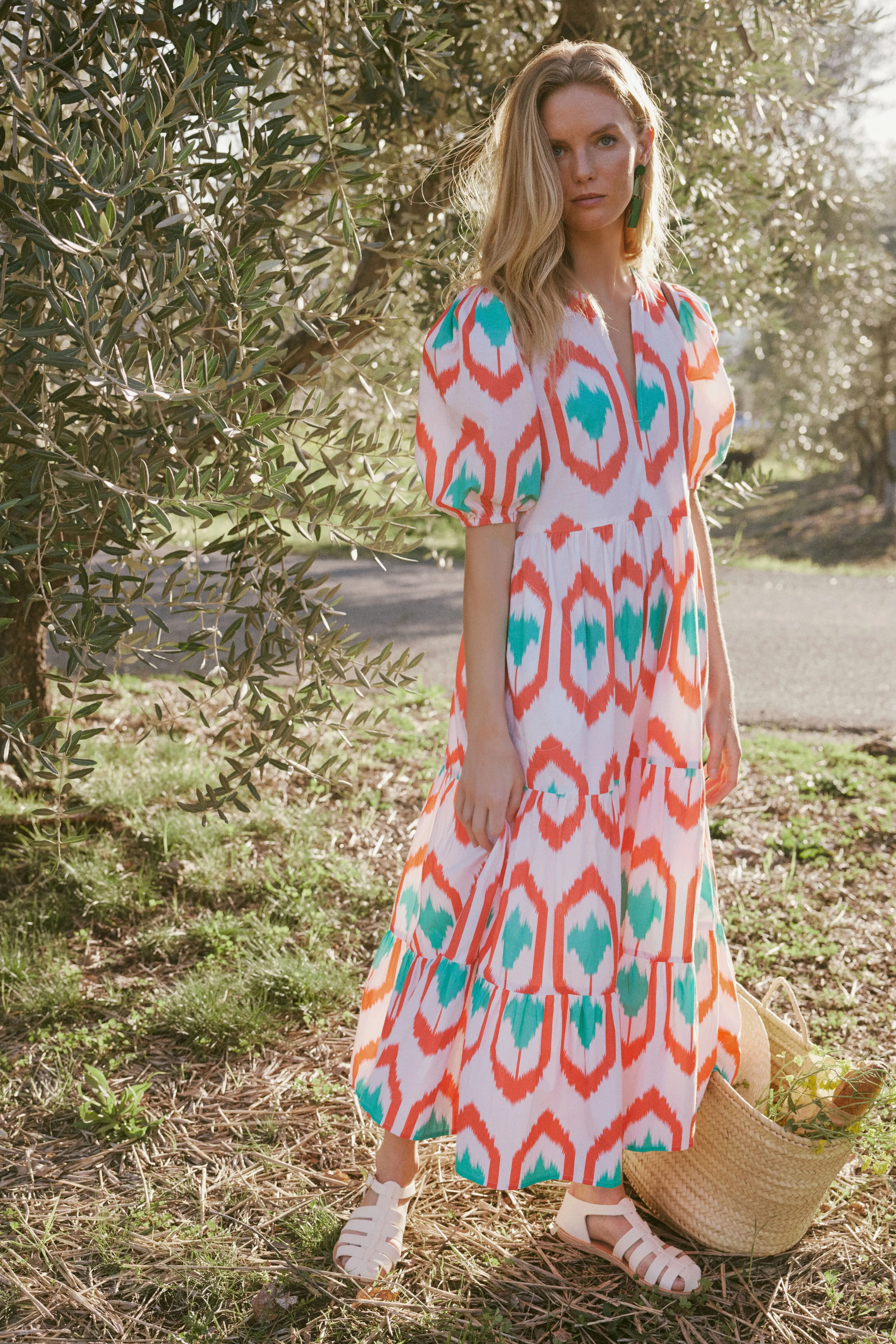 Coral Odisha Puff Sleeve Maxi Dress