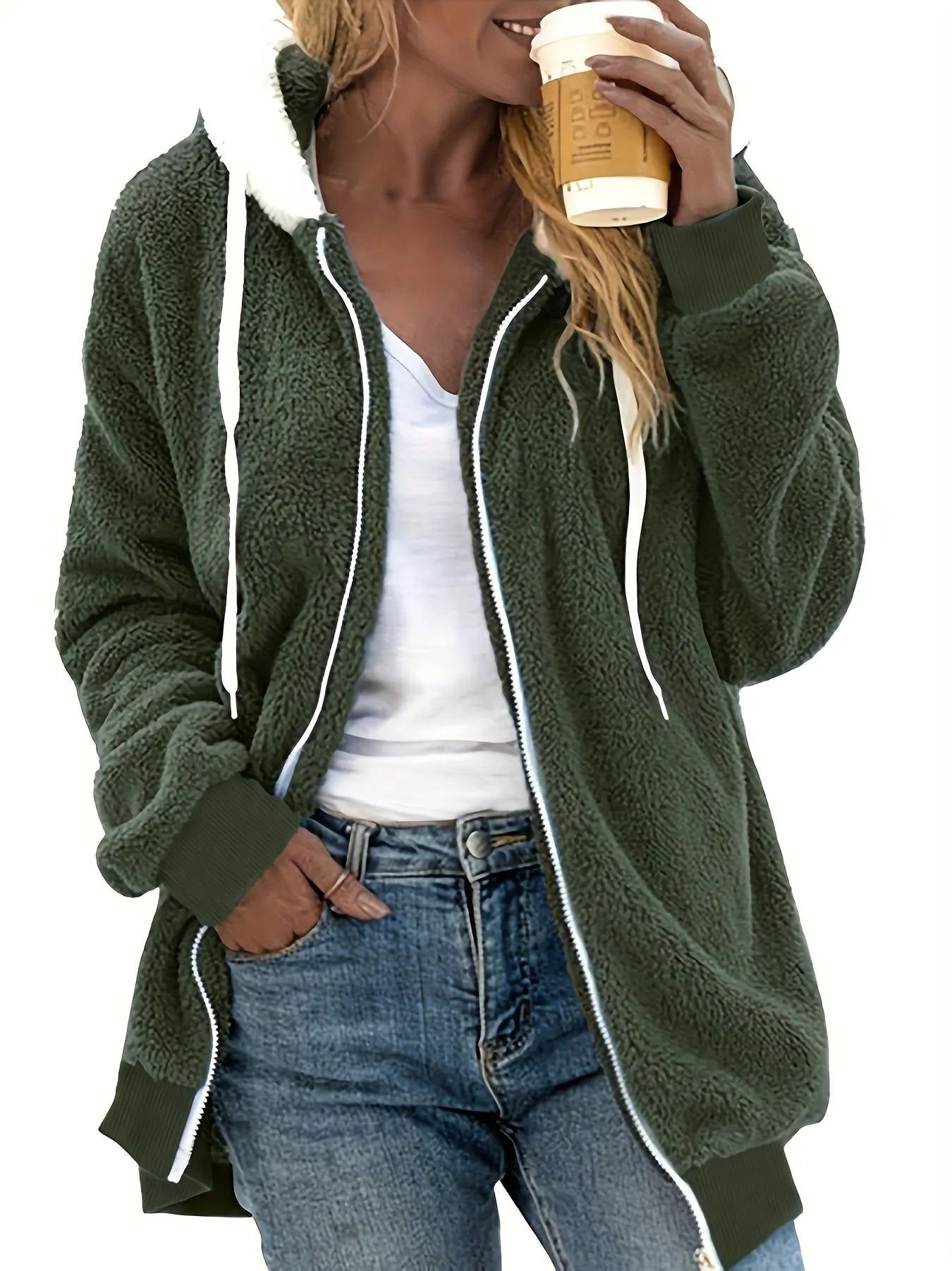 Cozy Plush Hoodie - Soft and Cozy Zip-up Closure, Relaxed Fit for Everyday Casual Wear, Long Sleeve Design for Added Warmth, Adjustable Drawstring Hood for Customized Fit - Designed Specifically for Women, Stylish Coat for Cold Weather