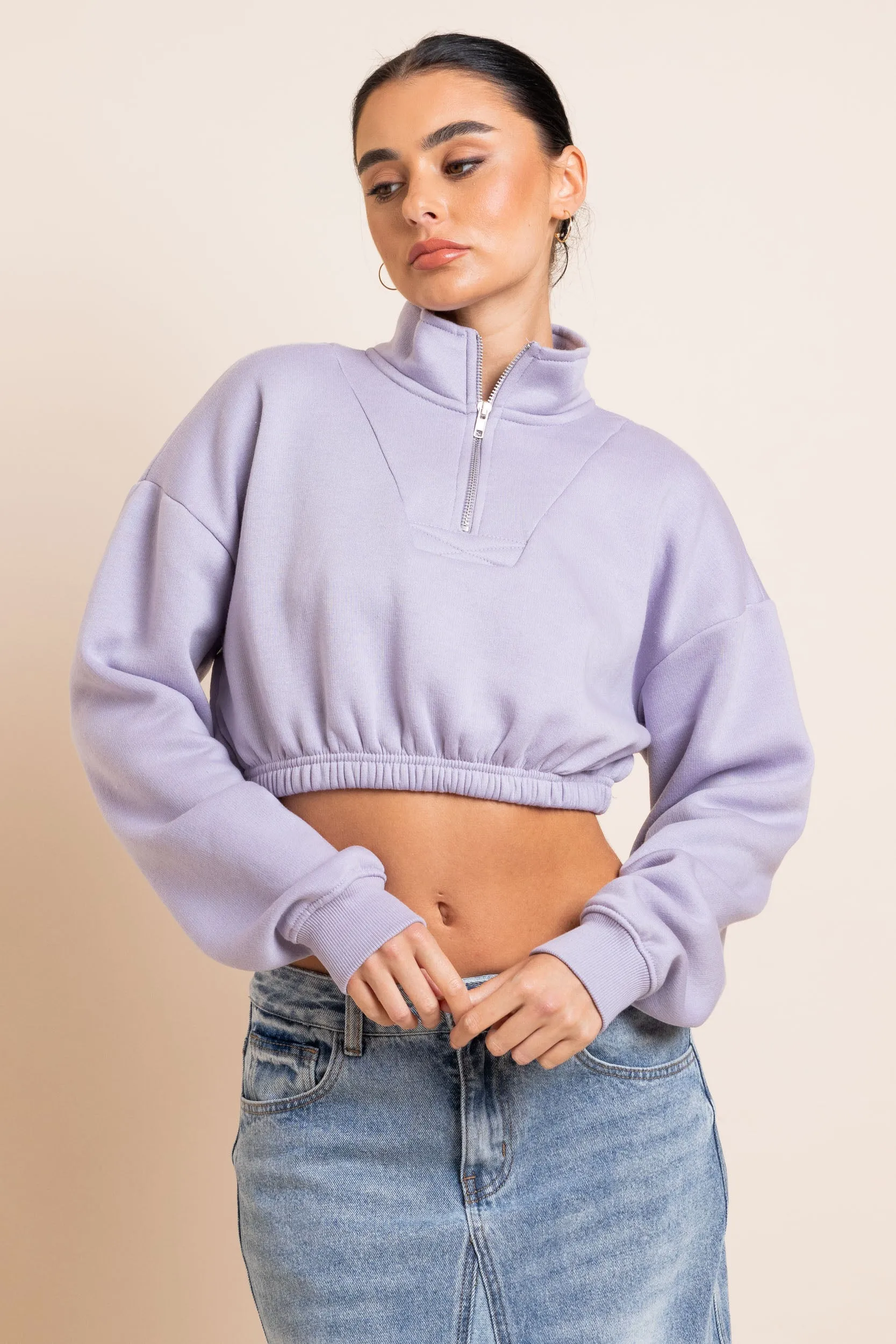 Daisy Street 1/4 Zip Elastic Waist Crop Sweater in Misty Lilac