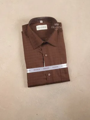 Dark Brown Cotton Checked Formal Shirt, Full Sleeve