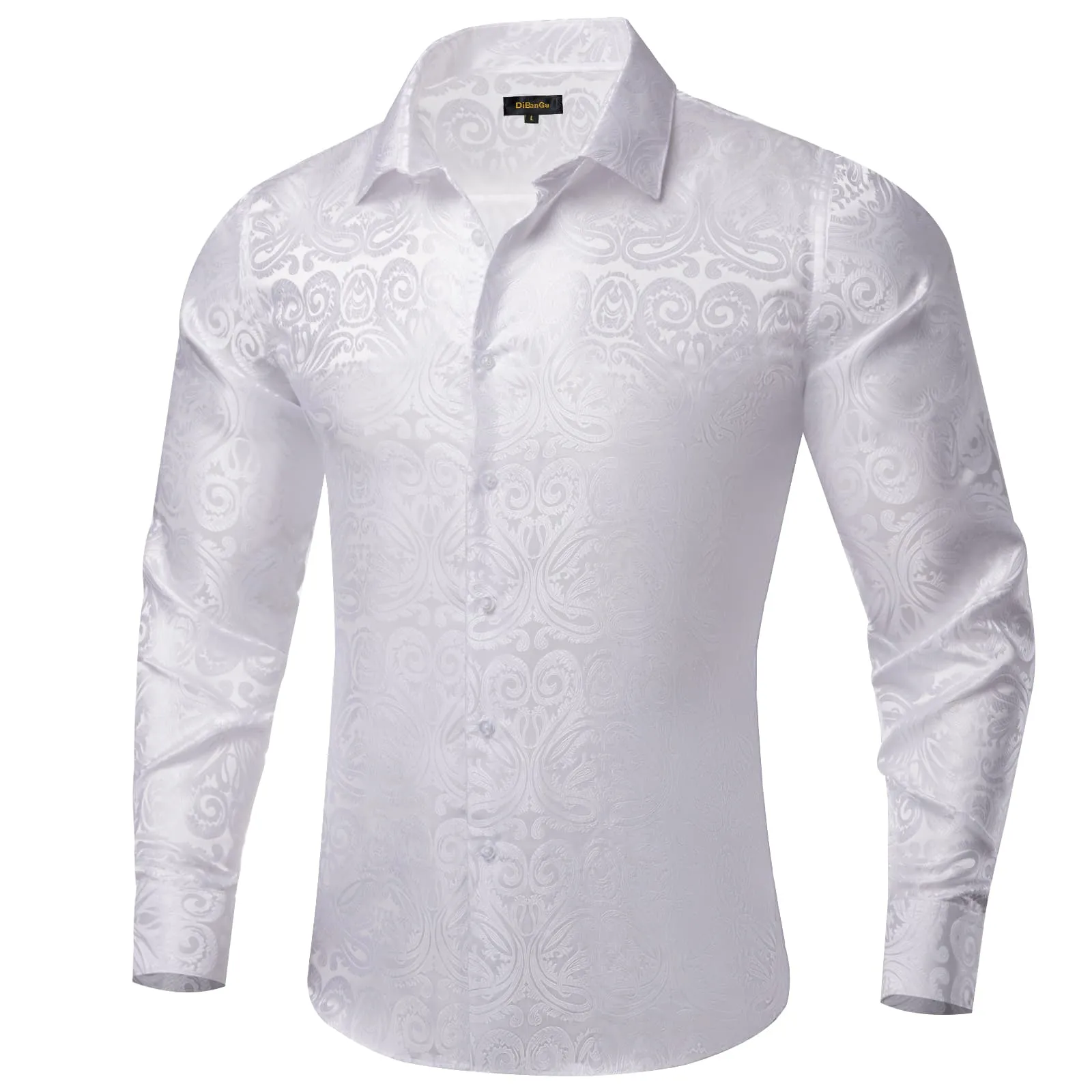 DiBanGu Collared Shirt Munsell White Floral Silk Button Down Long Sleeve Shirt for Men