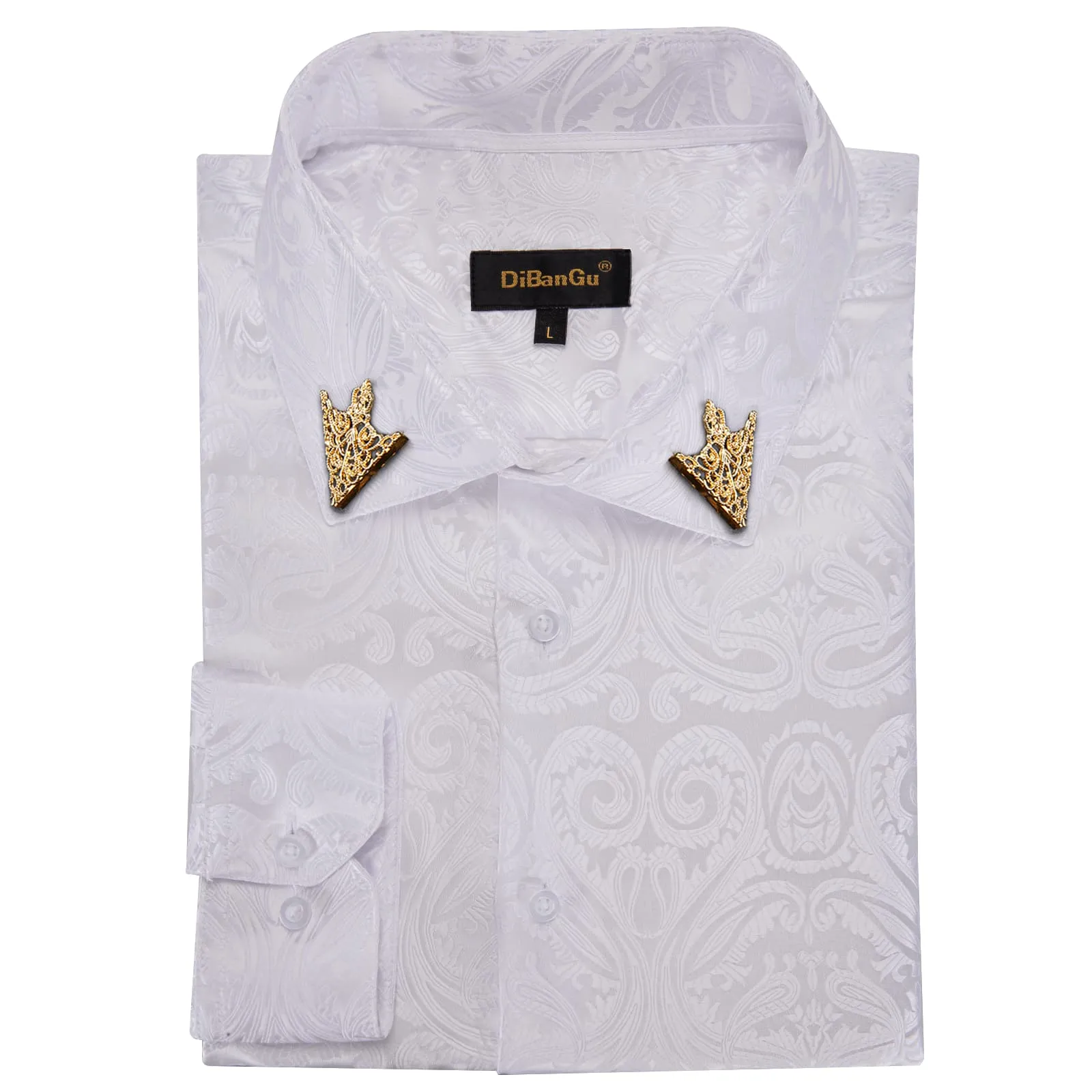 DiBanGu Collared Shirt Munsell White Floral Silk Button Down Long Sleeve Shirt for Men