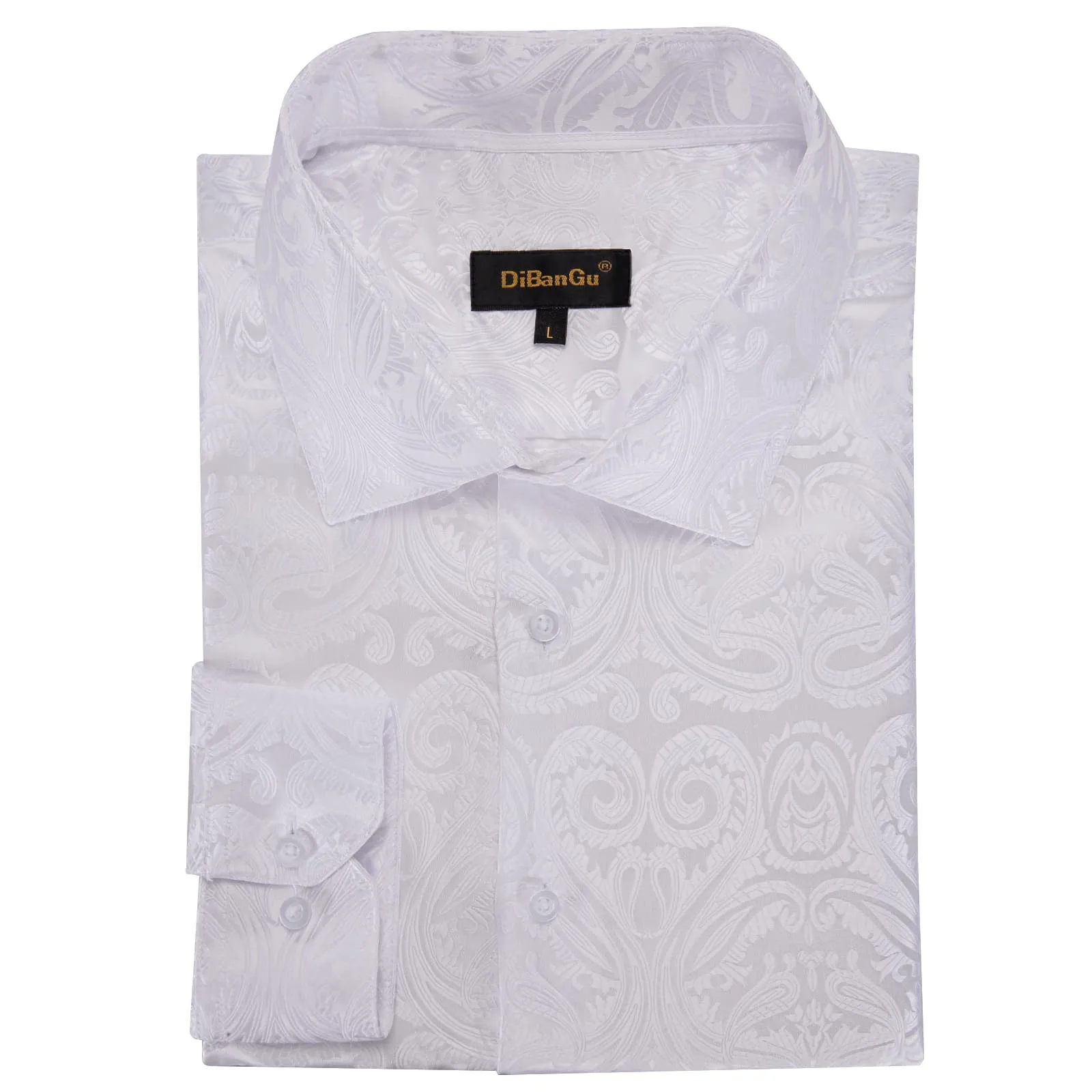 DiBanGu Collared Shirt Munsell White Floral Silk Button Down Long Sleeve Shirt for Men