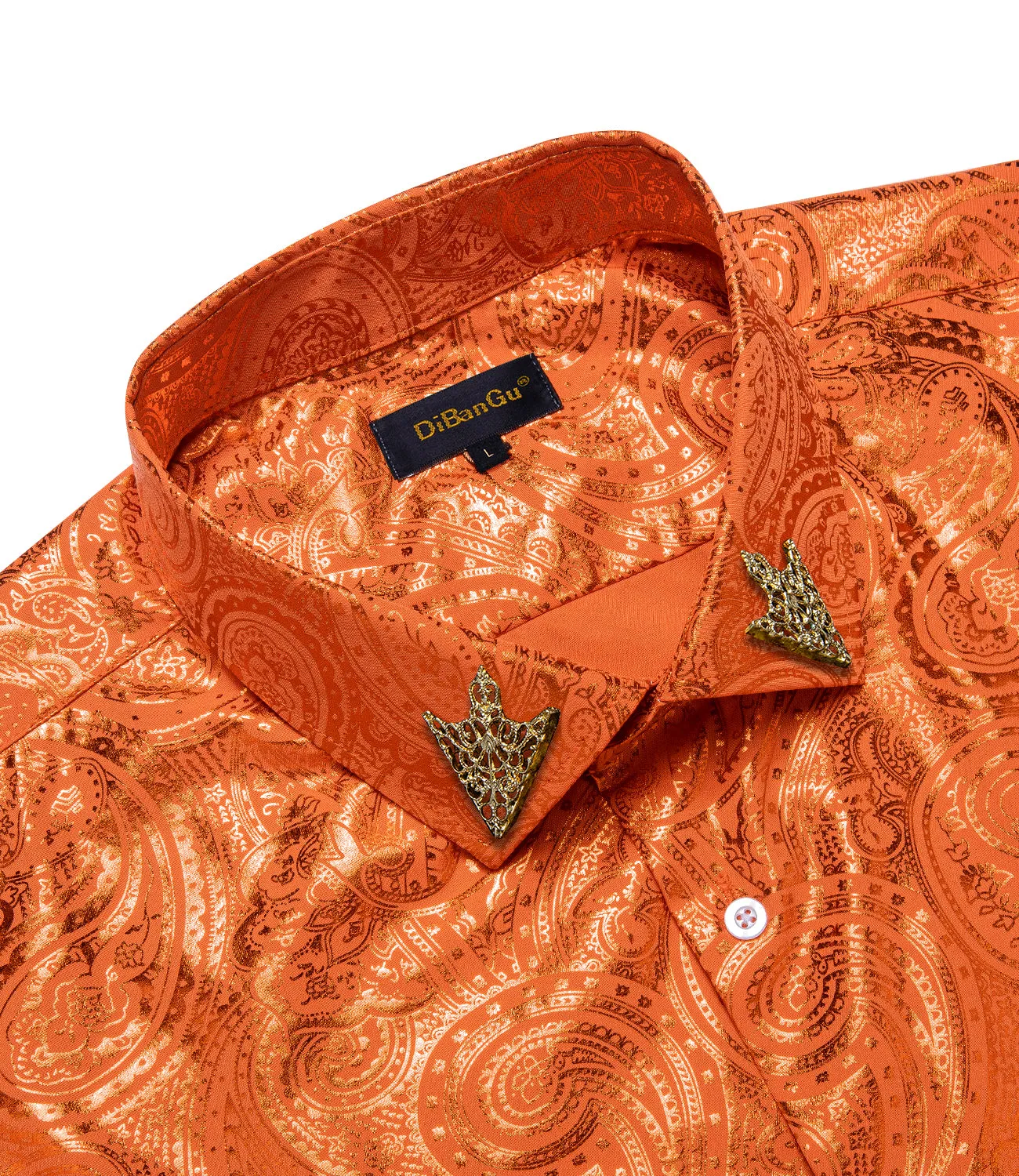 DiBanGu Deep Carrot Orange Paisley Hot Stamping Button Up Long Sleeve Shirt for Men