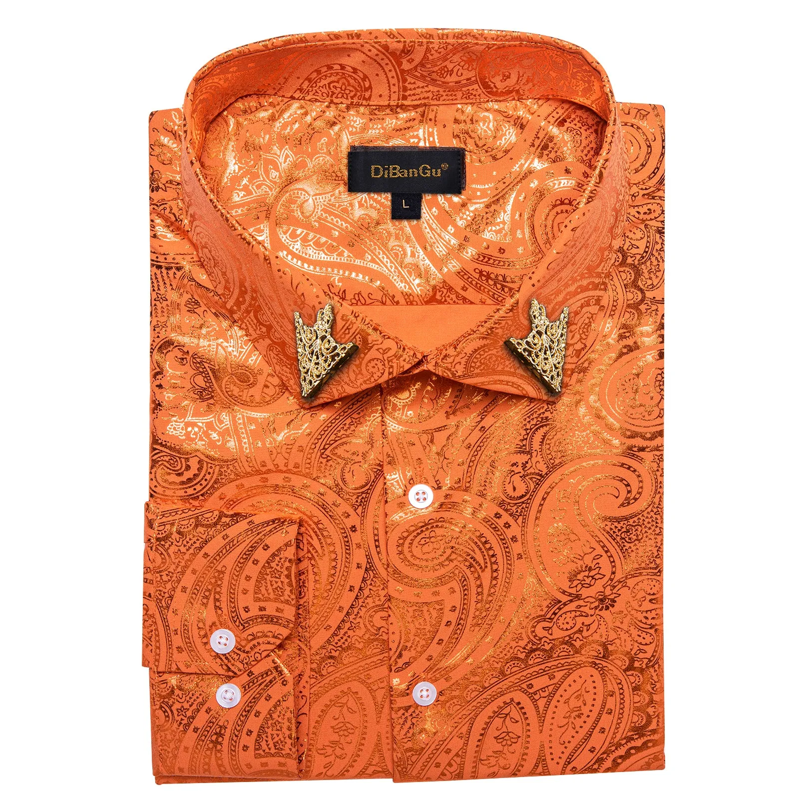 DiBanGu Deep Carrot Orange Paisley Hot Stamping Button Up Long Sleeve Shirt for Men