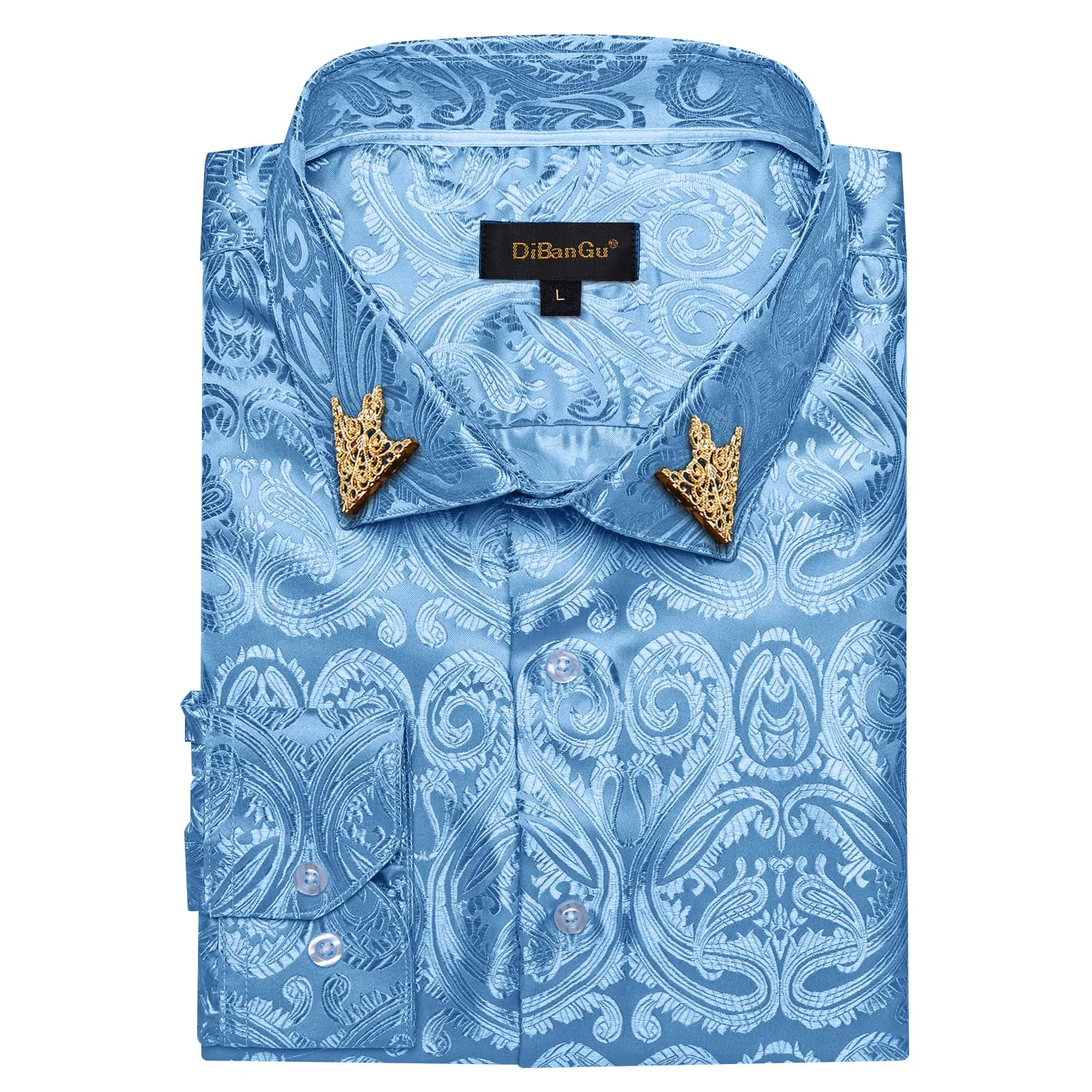 DiBanGu Shirt for Men Celestial Blue Paisley Long Sleeve Silk Button Up Shirt