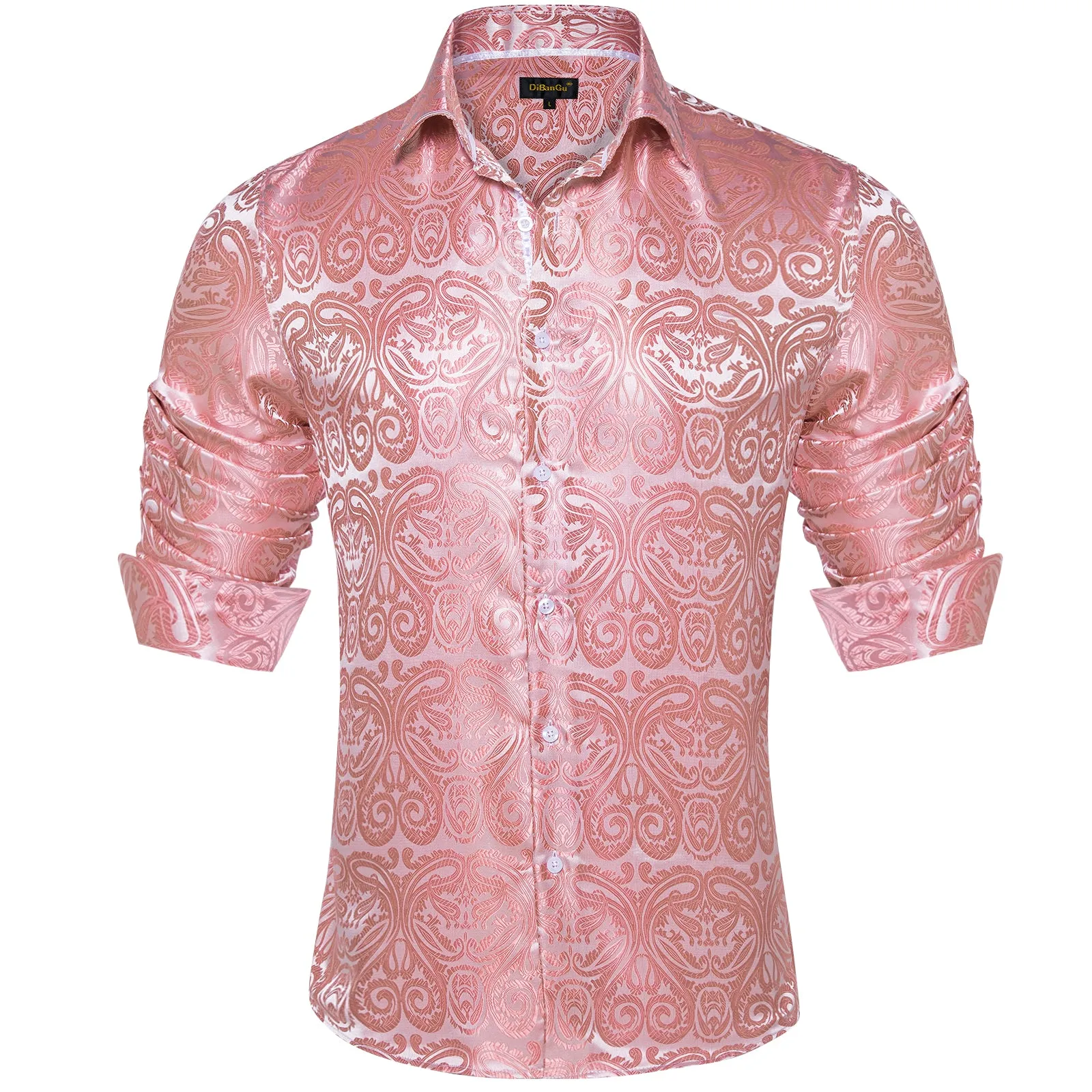 DiBanGu Shirts for Men Pink Floral Silk Men's Long Sleeve Shirt