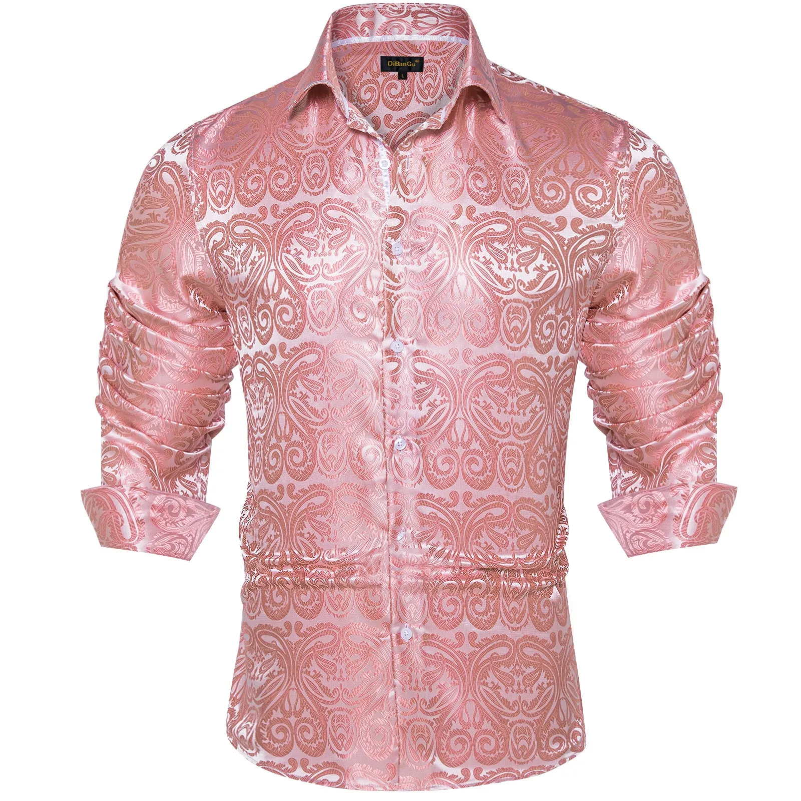 DiBanGu Shirts for Men Pink Floral Silk Men's Long Sleeve Shirt