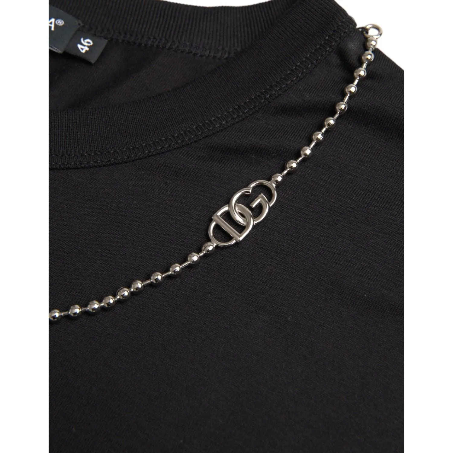 Dolce & Gabbana Black Cotton Silver Chain Short Sleeve T-shirt