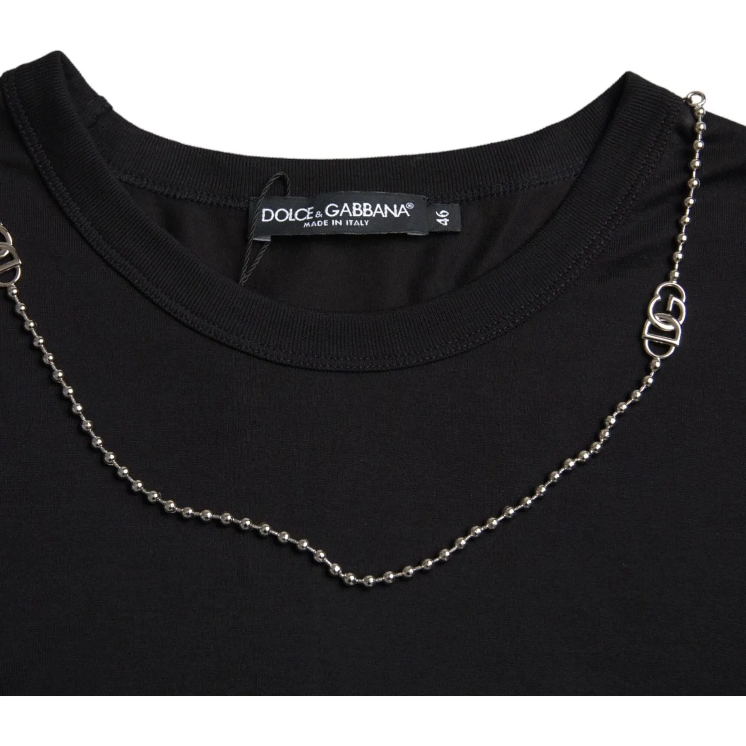 Dolce & Gabbana Black Cotton Silver Chain Short Sleeve T-shirt