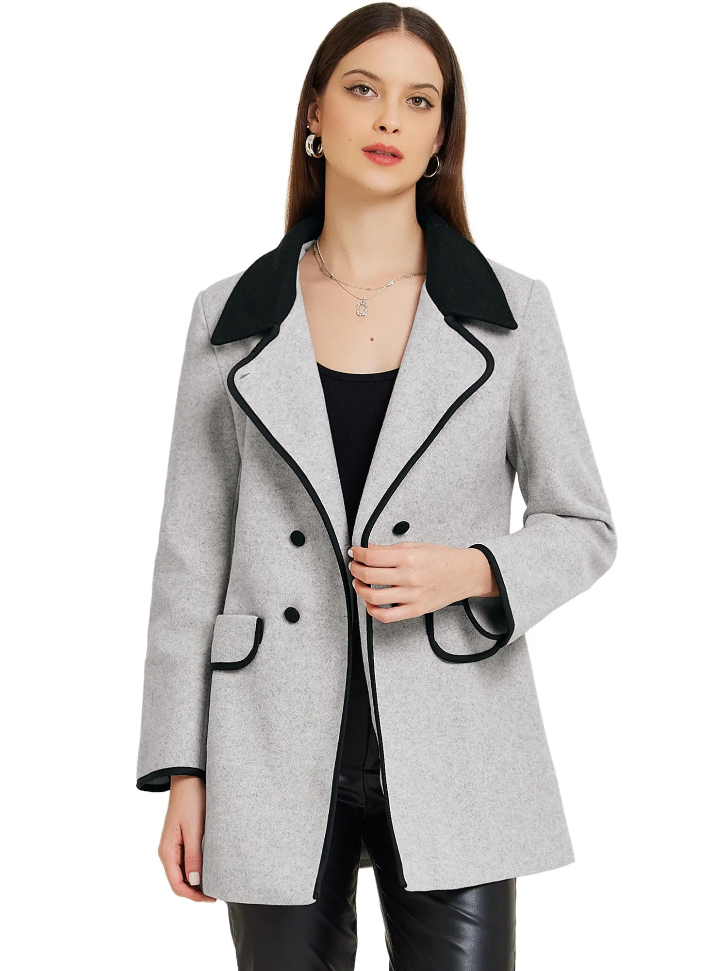 Double Breasted Collar Pockets Long Sleeve Casual Winter Pea Coat