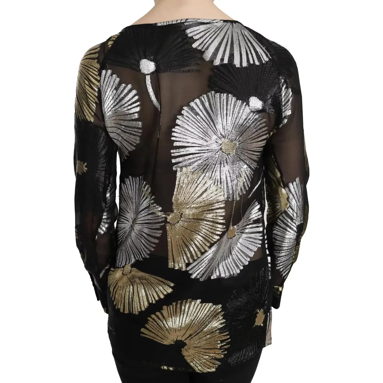 Dsquared² Gold Silver Silk Jacquard See Through Top Blouse