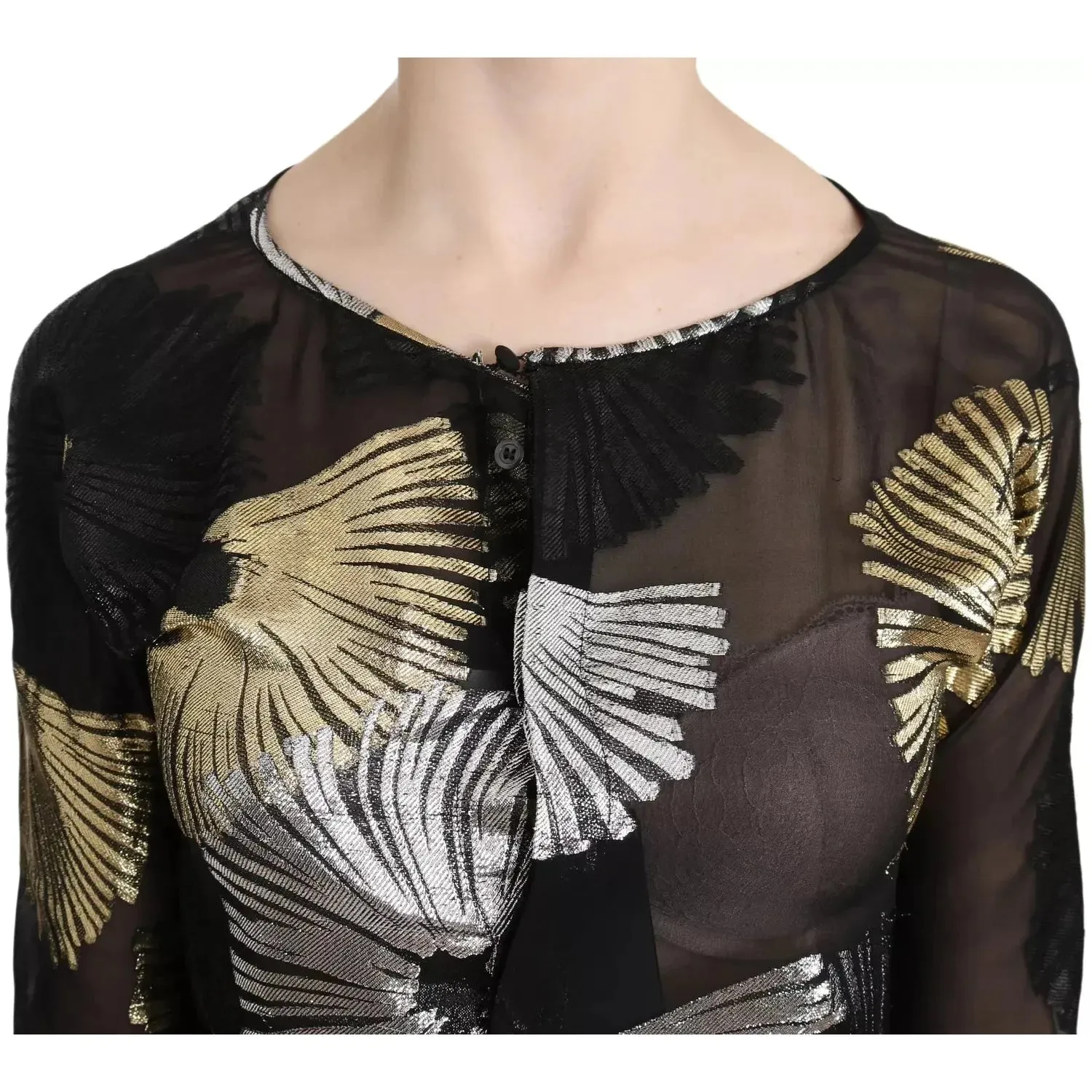 Dsquared² Gold Silver Silk Jacquard See Through Top Blouse