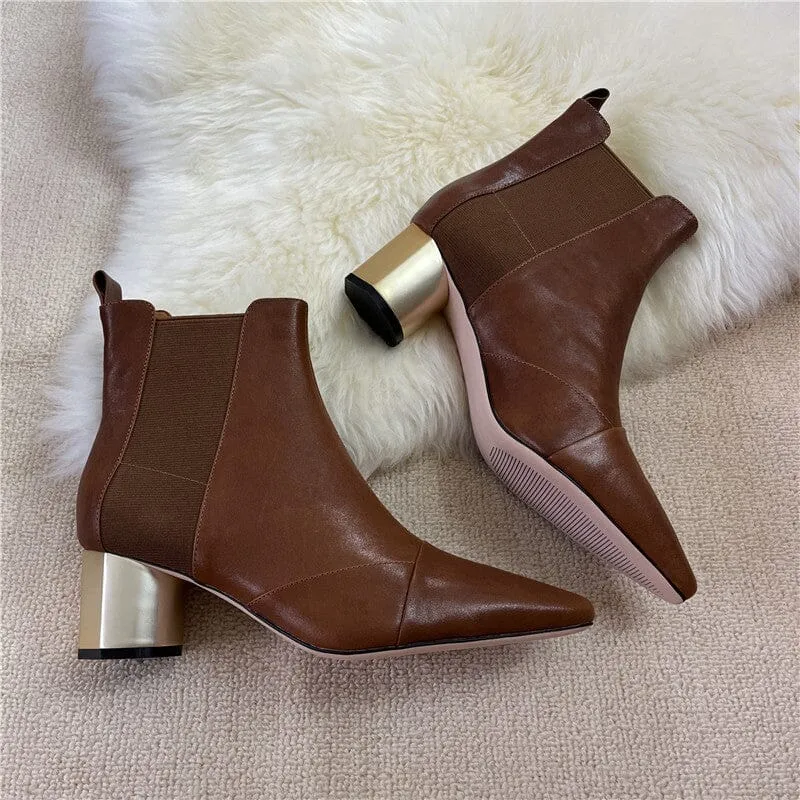 Elastic Band Chelsea Boots Pointed Toe heeled Boots Genuine Leather Pumps Boots/Booties