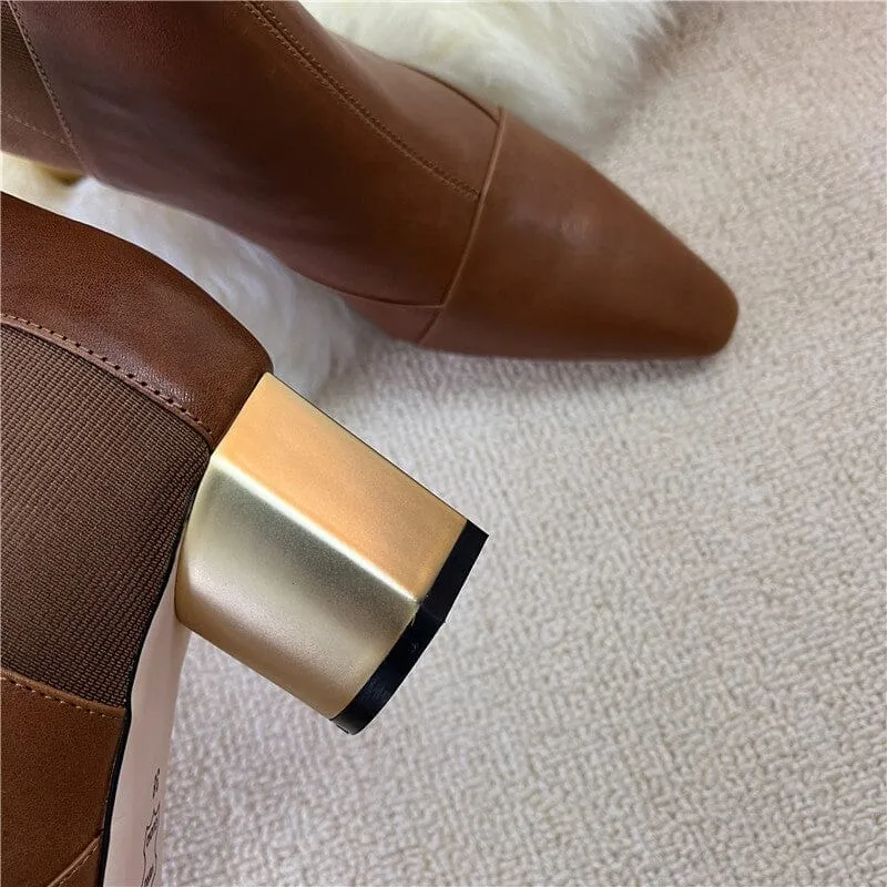 Elastic Band Chelsea Boots Pointed Toe heeled Boots Genuine Leather Pumps Boots/Booties