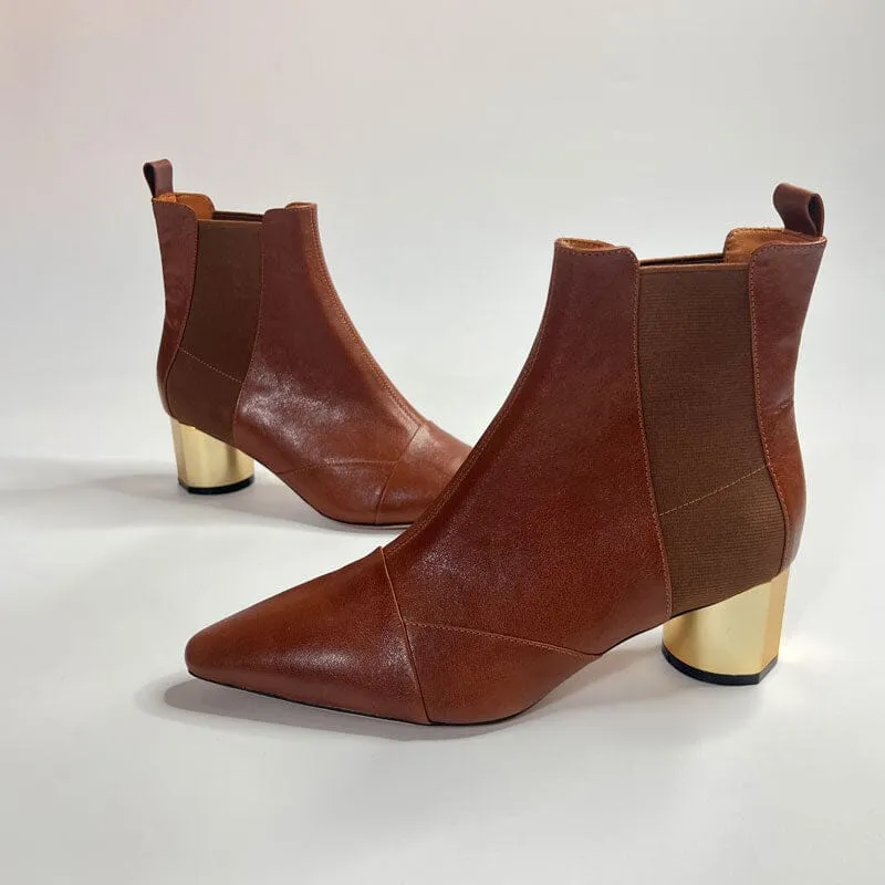 Elastic Band Chelsea Boots Pointed Toe heeled Boots Genuine Leather Pumps Boots/Booties