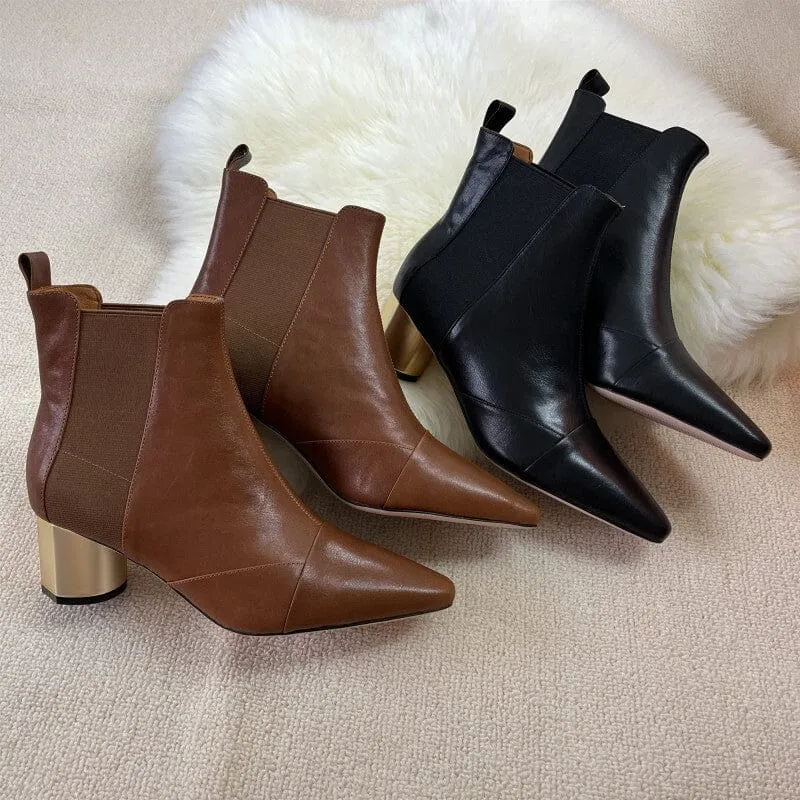 Elastic Band Chelsea Boots Pointed Toe heeled Boots Genuine Leather Pumps Boots/Booties