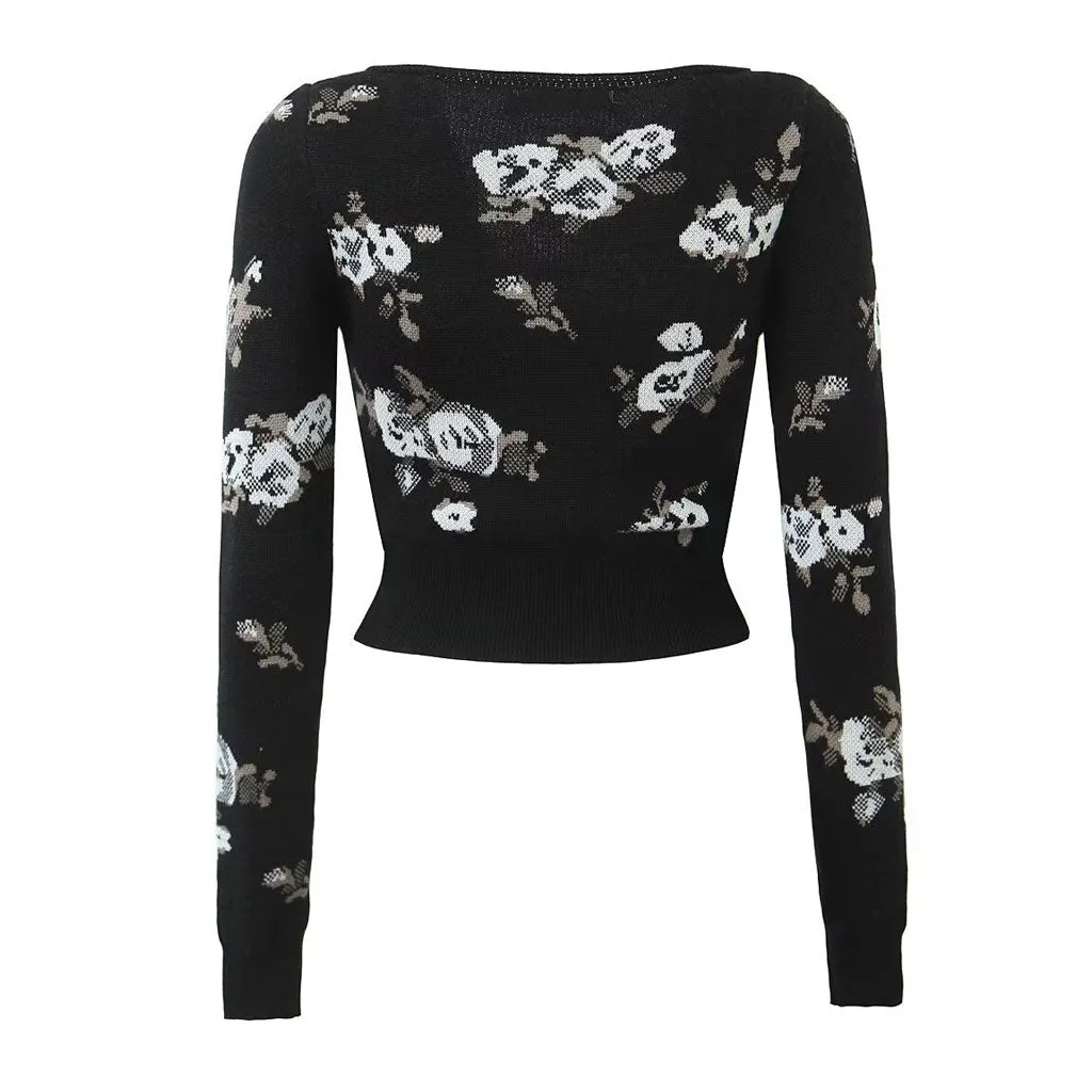 Elegant Floral Print Scoop Neck Button Up Long Sleeve Crop Knit Cardigan