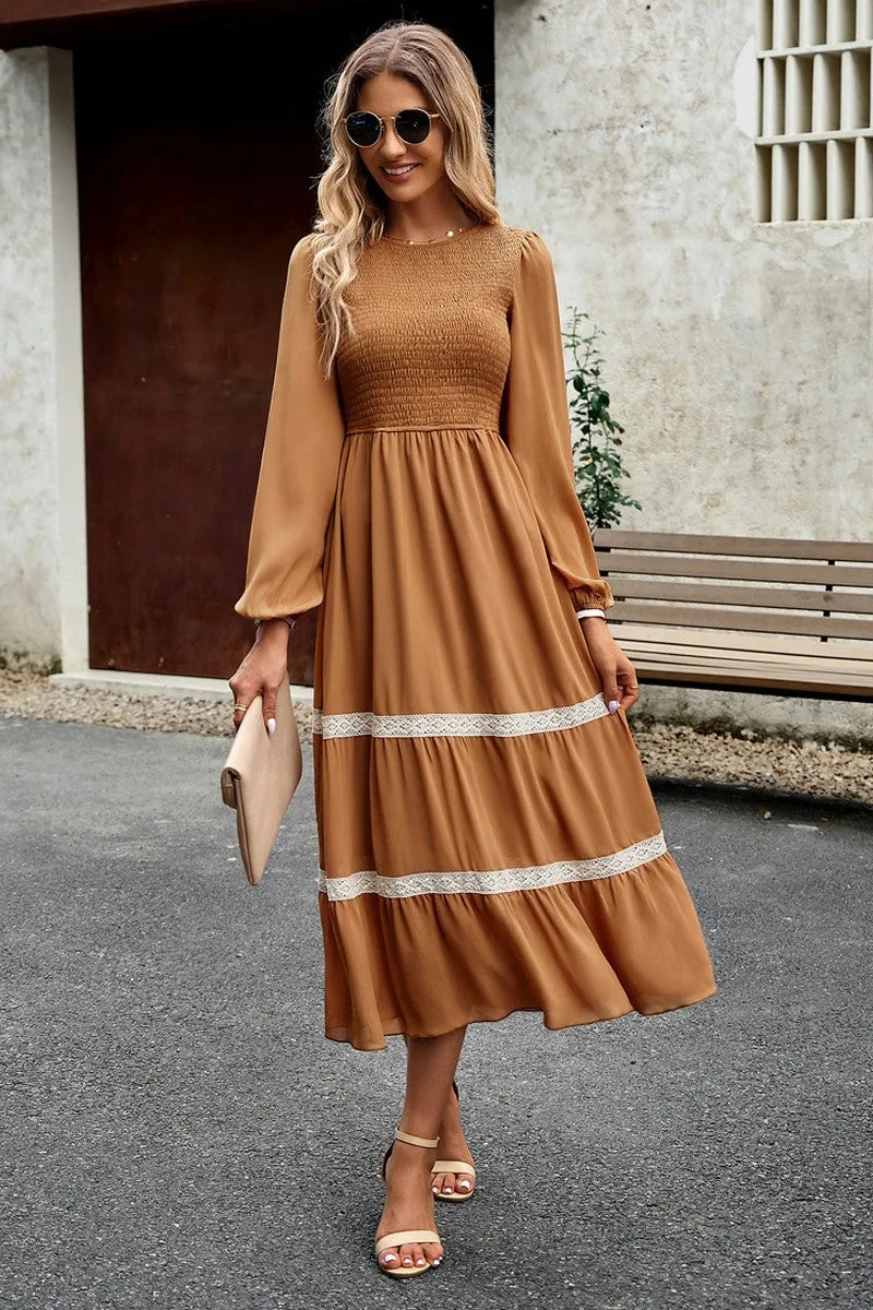 Elegant Long Sleeve Maxi Dress 0537 in Brown