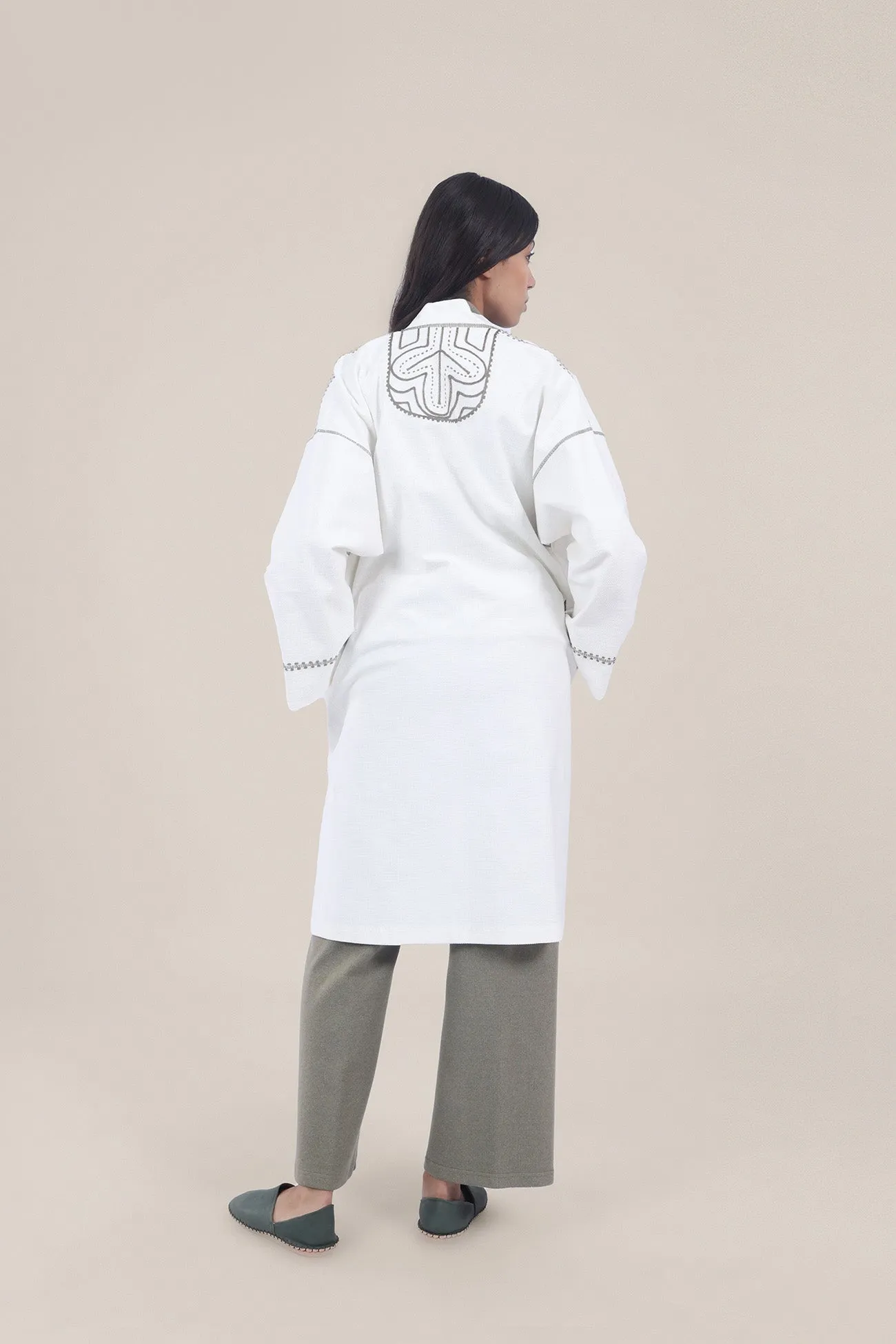 Embroidered long coat in linen cotton  blend