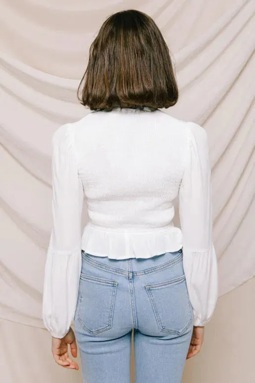 Emilia Smocked Bodice Long Sleeve Crop Top in White