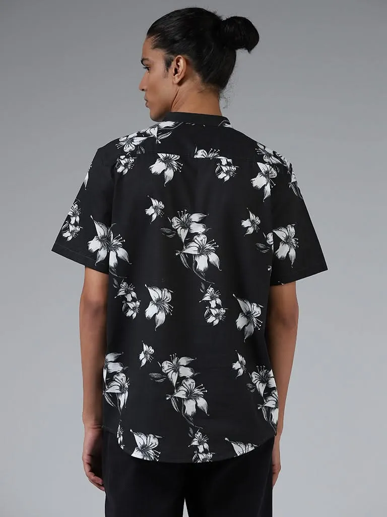 ETA Black Floral Printed Cotton Resort-Fit Shirt