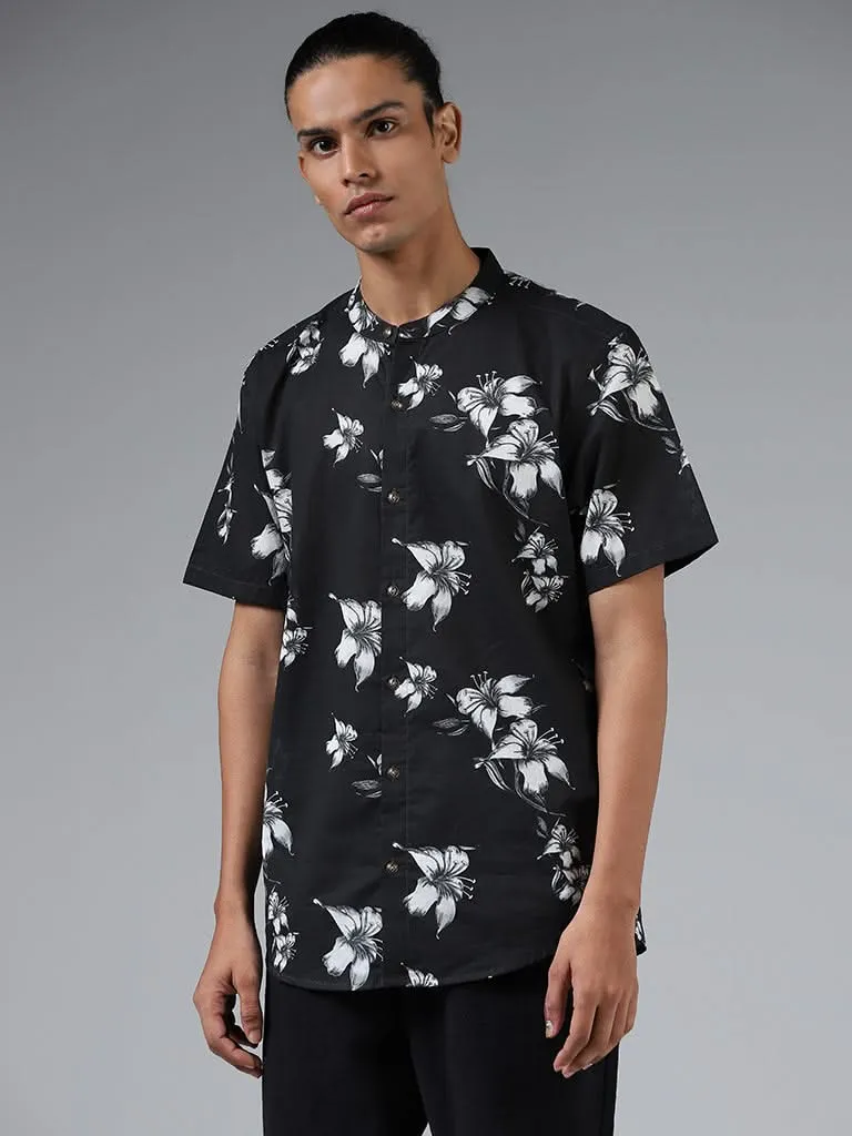 ETA Black Floral Printed Cotton Resort-Fit Shirt