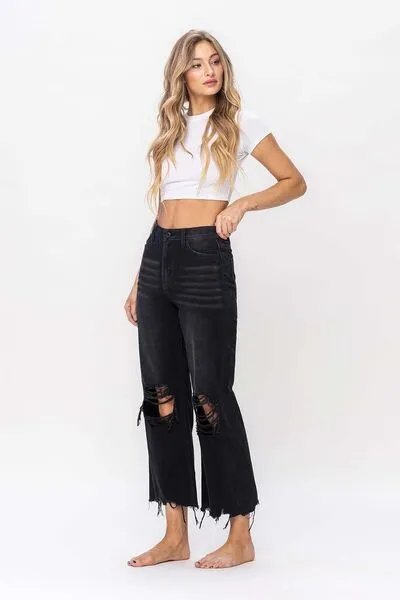 Explore More Collection - Vervet by Flying Monkey Vintage Ultra High Waist Distressed Crop Flare Jeans