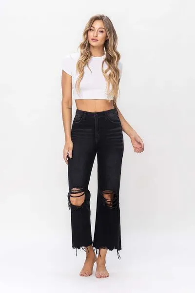 Explore More Collection - Vervet by Flying Monkey Vintage Ultra High Waist Distressed Crop Flare Jeans