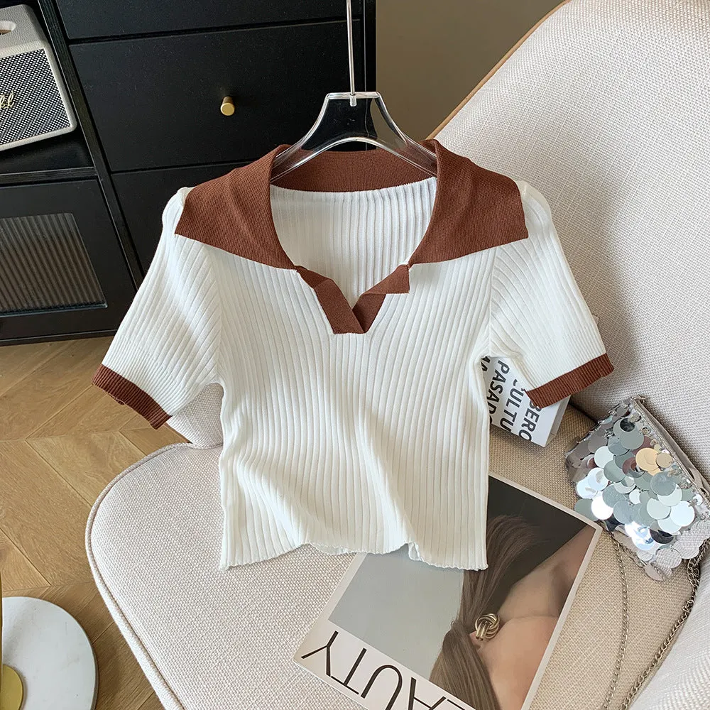 Fashionkova business casual women outfits chic Summer French-Style Elegant Polo Shirt Women's Contrast Color V-neck Short Sleeve Cool Silk Top Slim Fit Inner Sweater