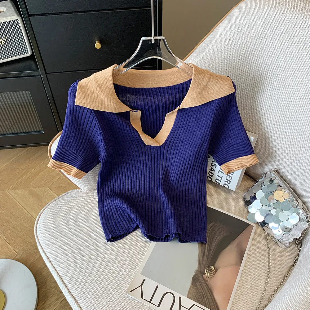 Fashionkova business casual women outfits chic Summer French-Style Elegant Polo Shirt Women's Contrast Color V-neck Short Sleeve Cool Silk Top Slim Fit Inner Sweater