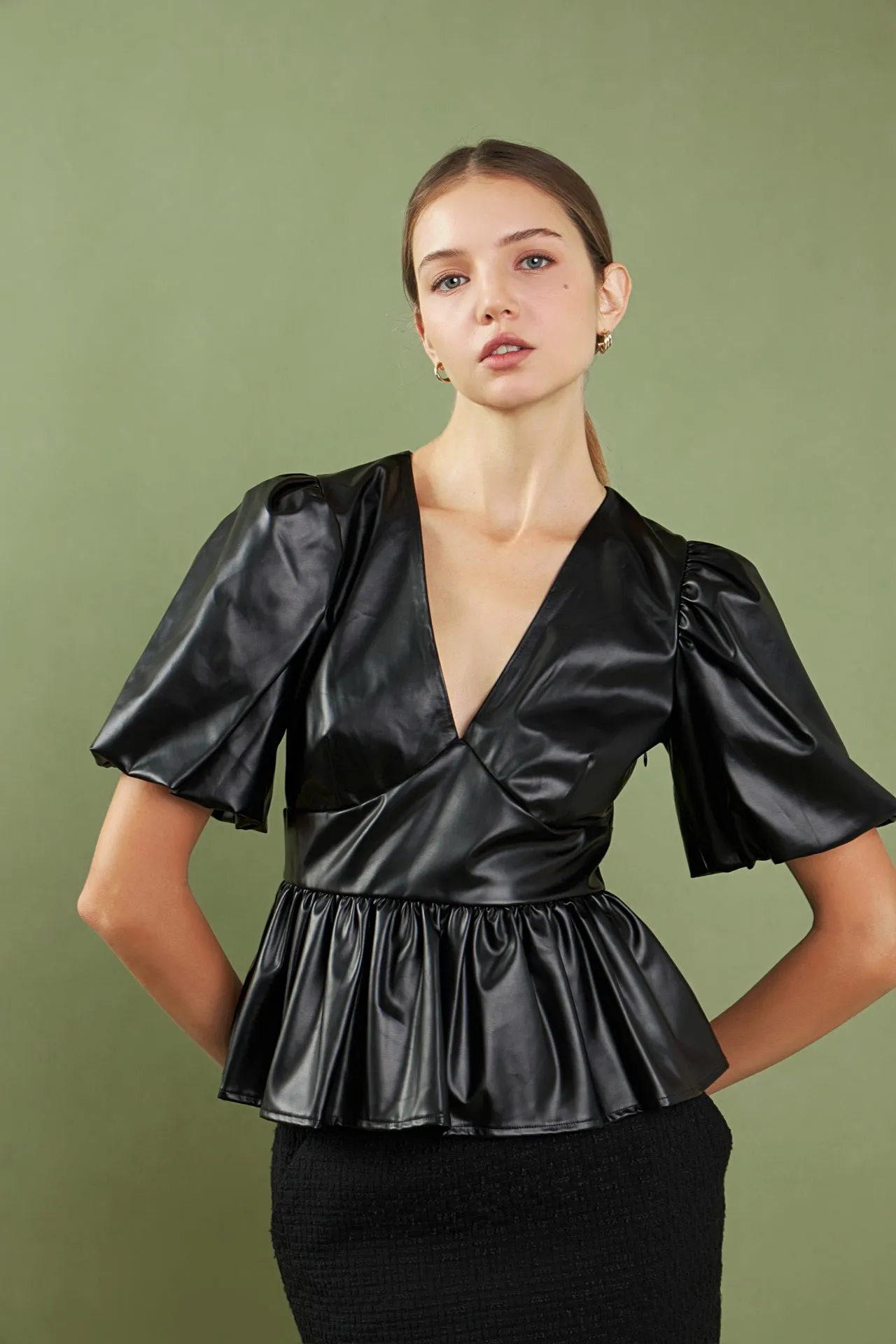 Faux Leather Peplum V-Neck Top