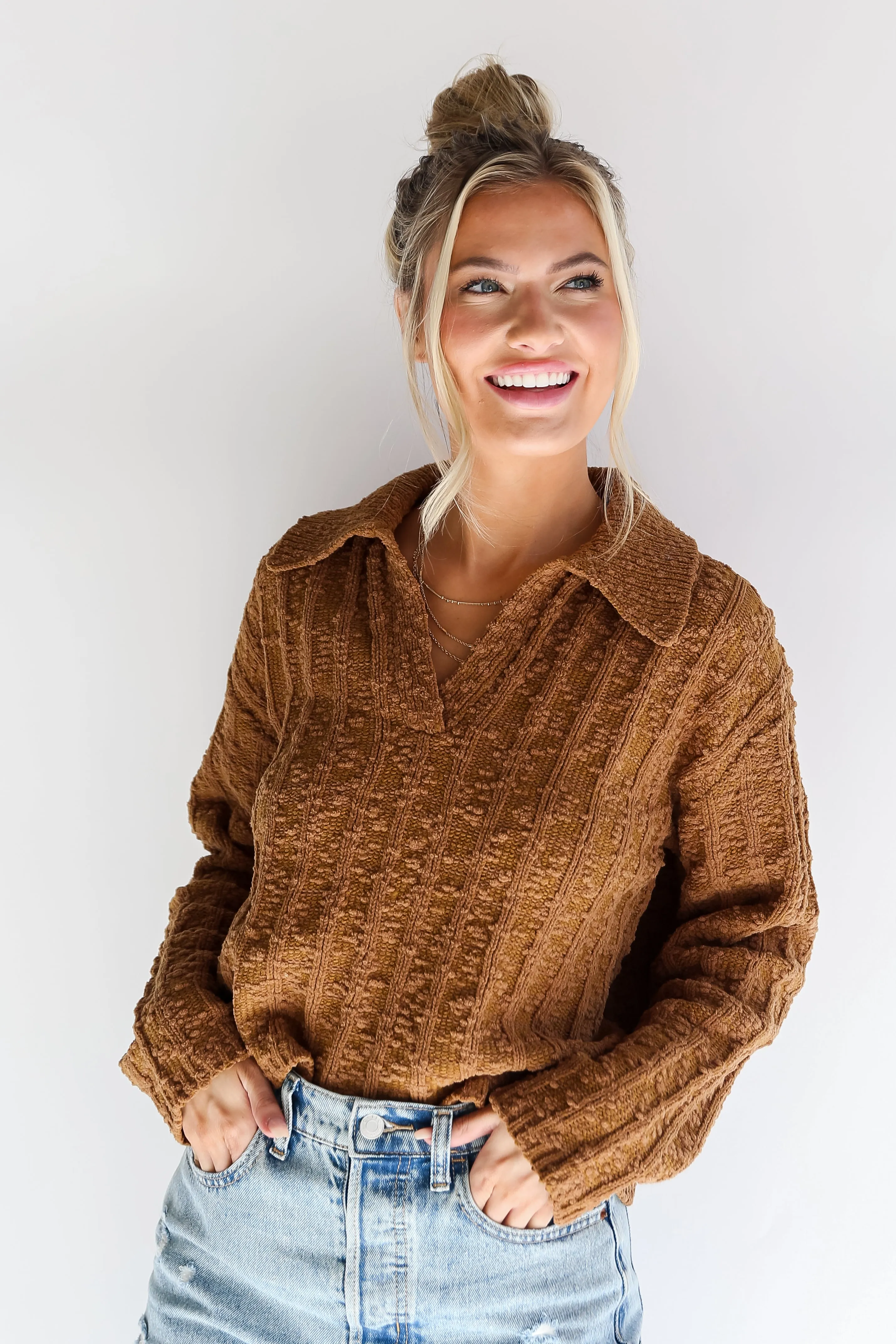 FINAL SALE - Cozy Addition Camel Collared Sweater